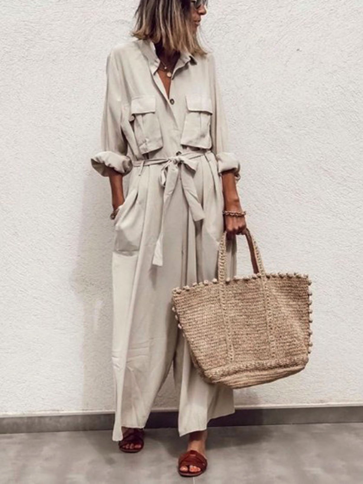 Beige Cotton-Blend Long Sleeve One-Pieces