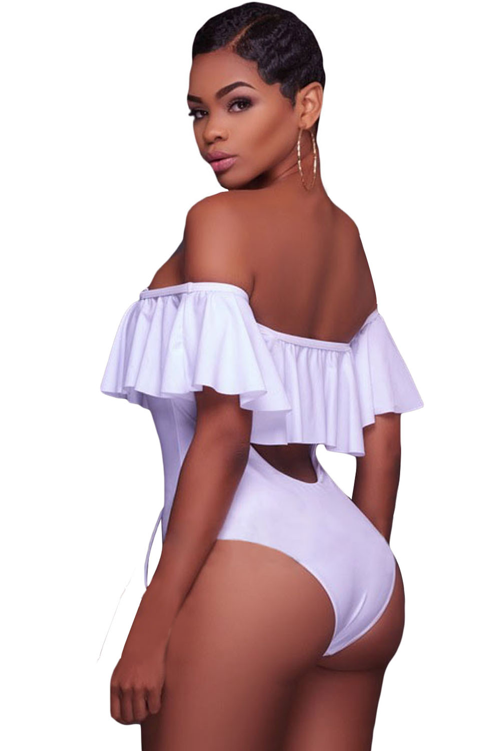 White Ruffle Off-The-Shoulder One Piece Swimsuit