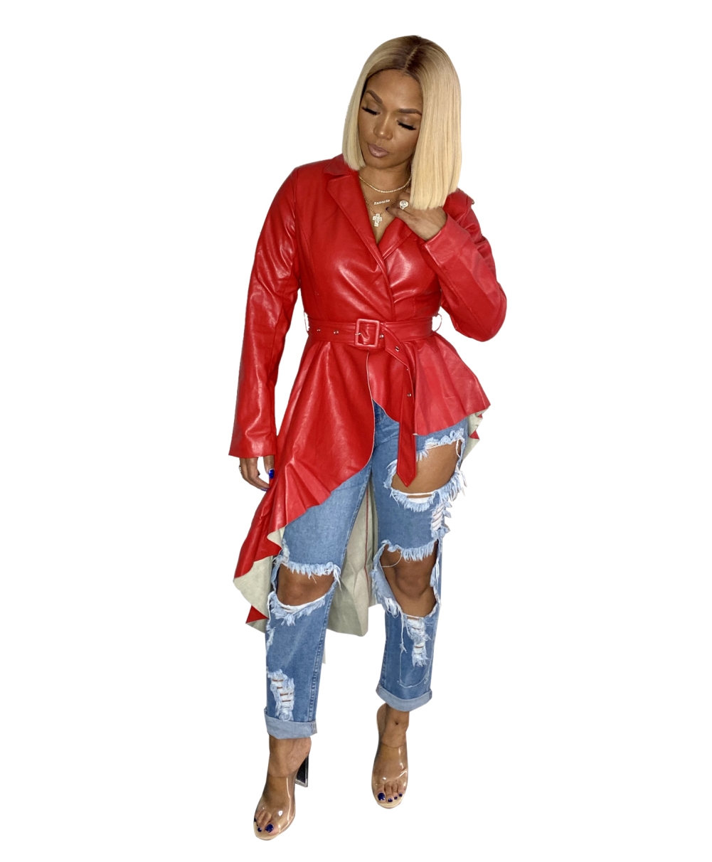 Red Leather Irregular Long Sleeve Party Top