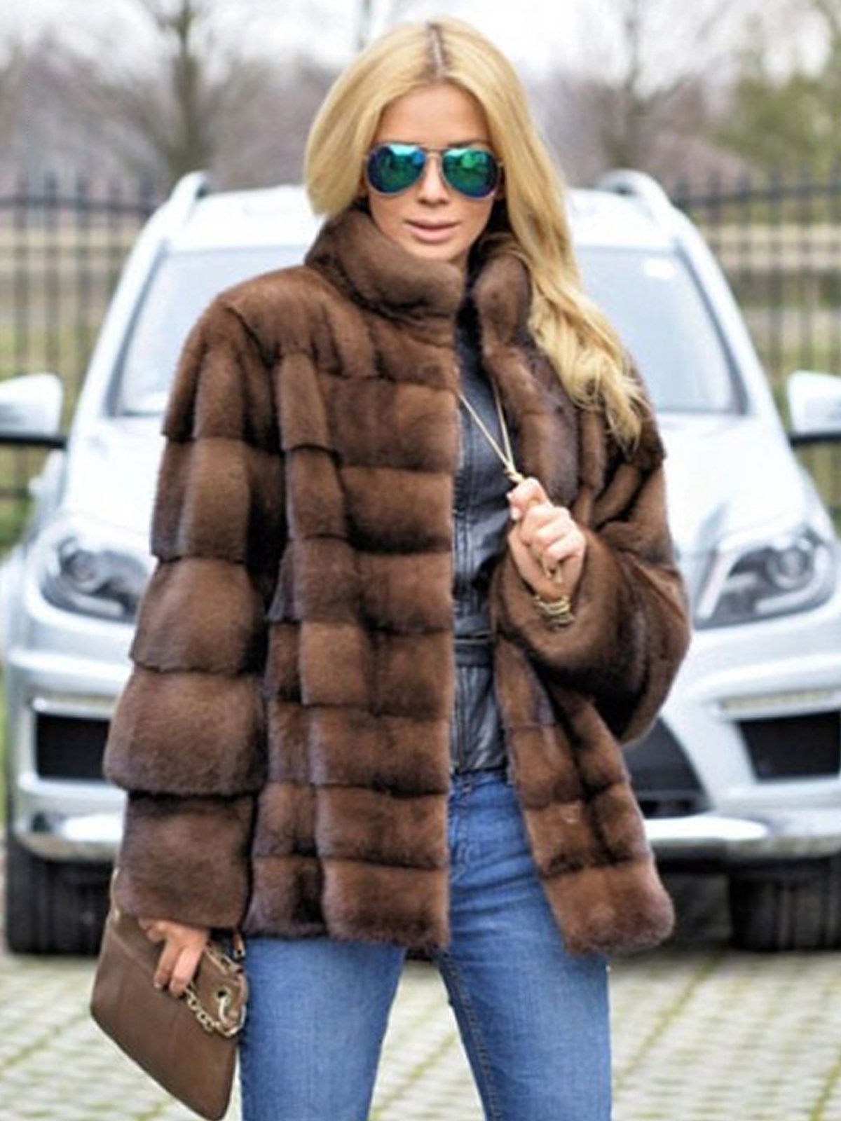 Stand Collar Brown Faux Fur Plain Women Coat