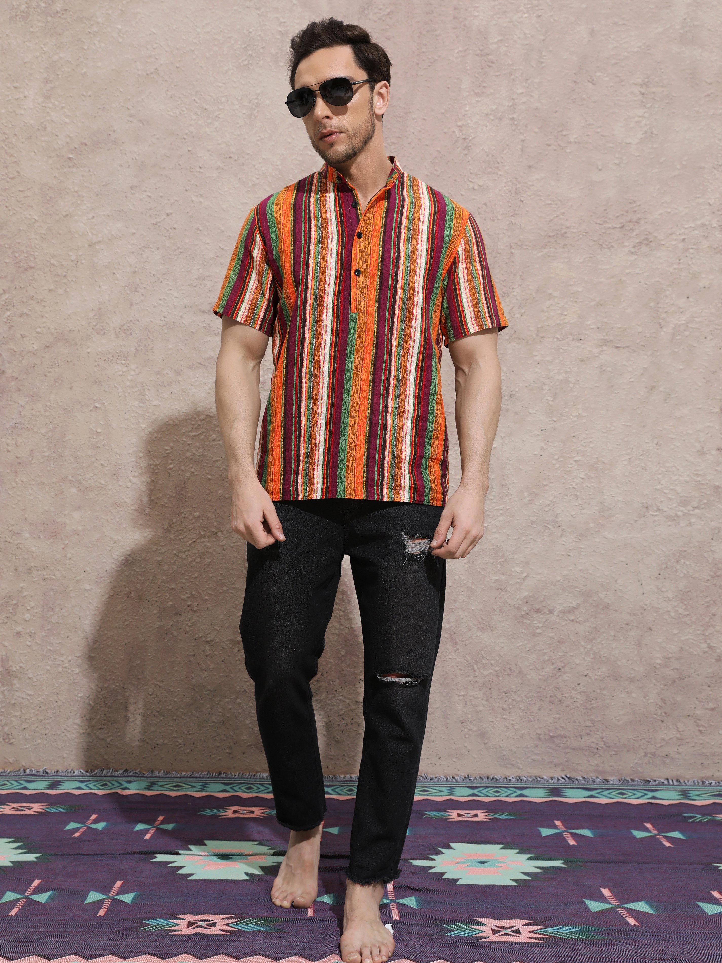 Men's Colorful Striped Button Up Shirt