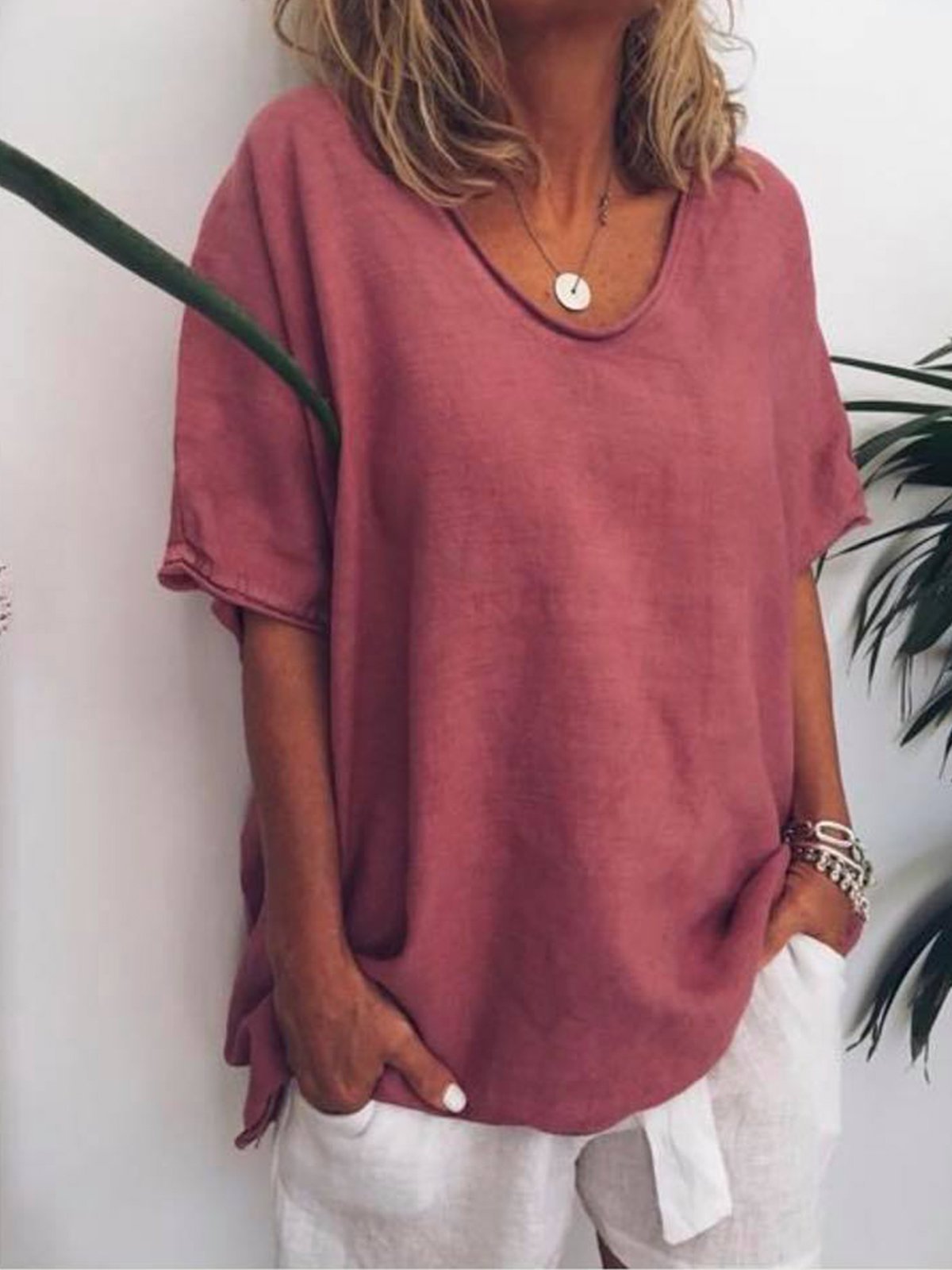 Women Thin Summer Linen Plus Size Short Sleeve Casual Tops