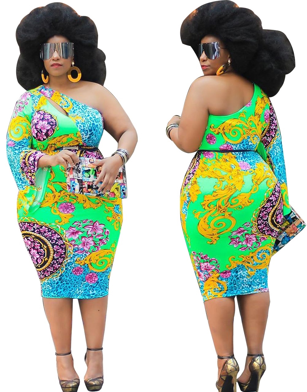 Plus Size Retro One Shoulder Midi Dress with Wide Cuff