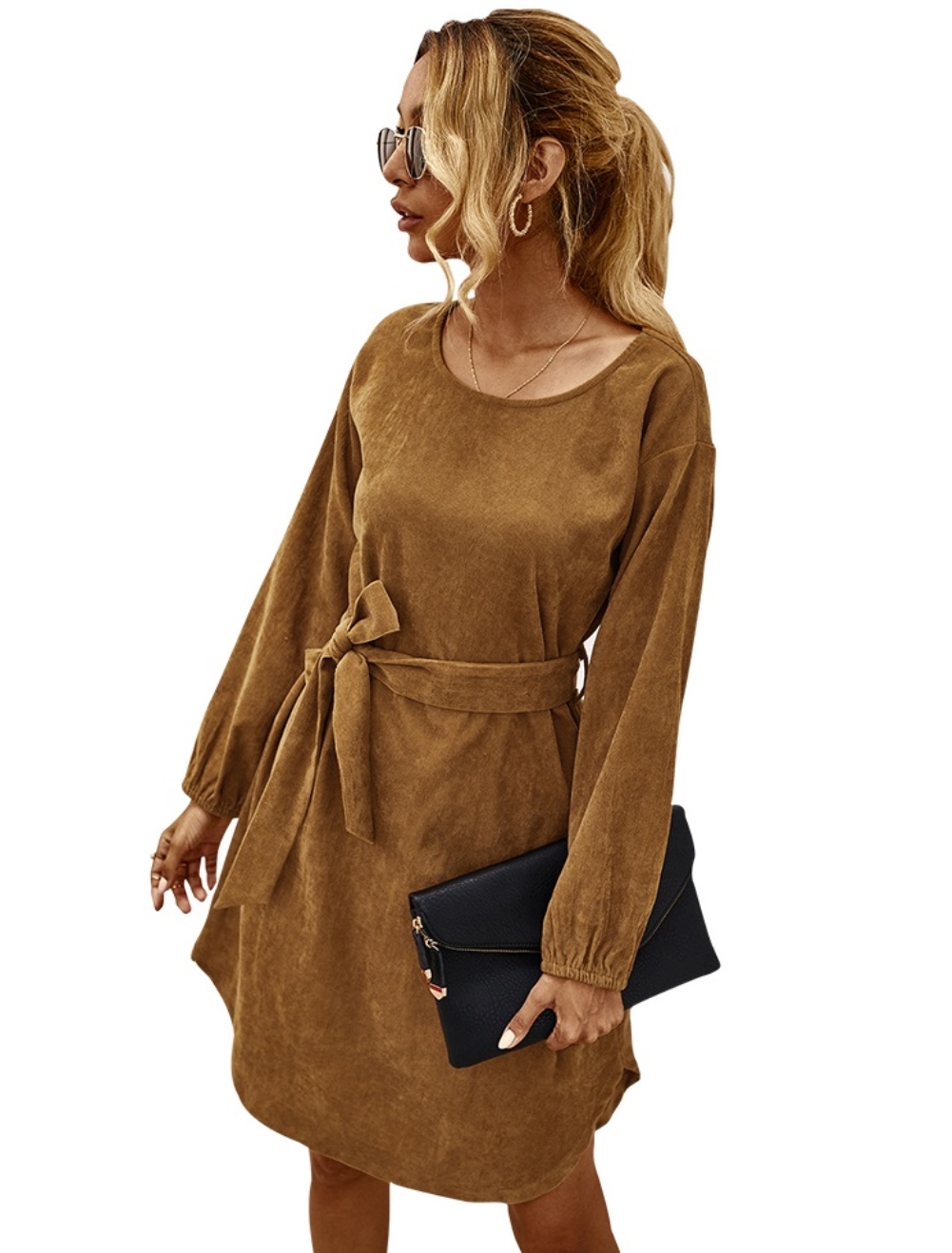 Autumn Plain Short Casual Dress with Belt