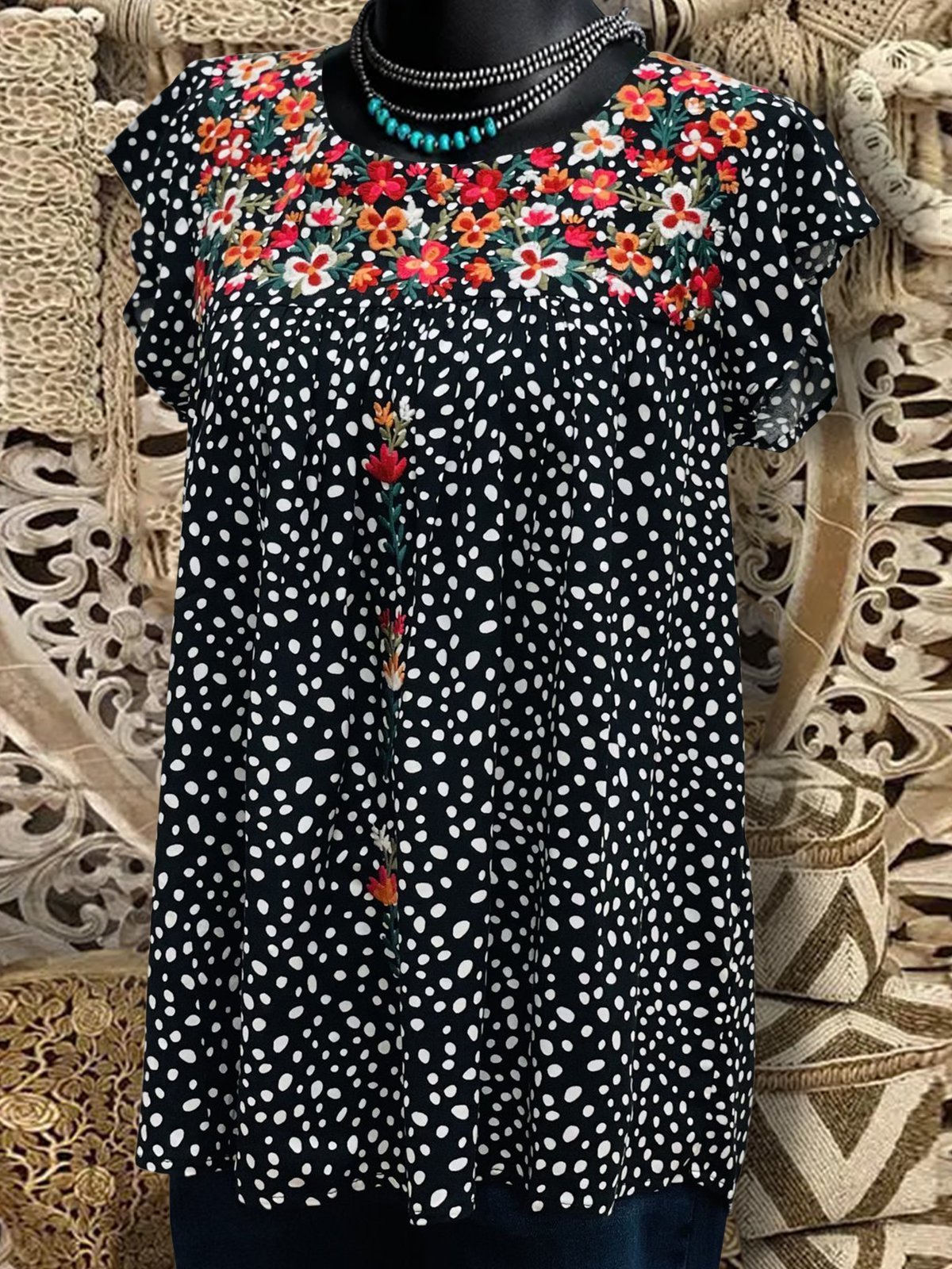 Vintage Printed Crew Neck Short Sleeve Shirts & Tops