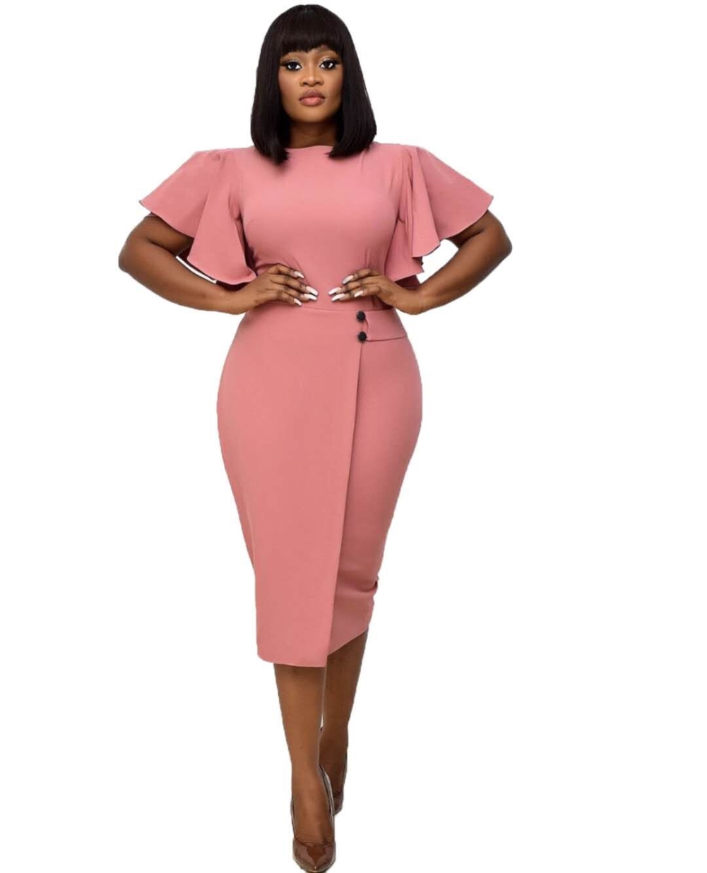 Solid Color Mature Midi Dress with Wide Cuffs