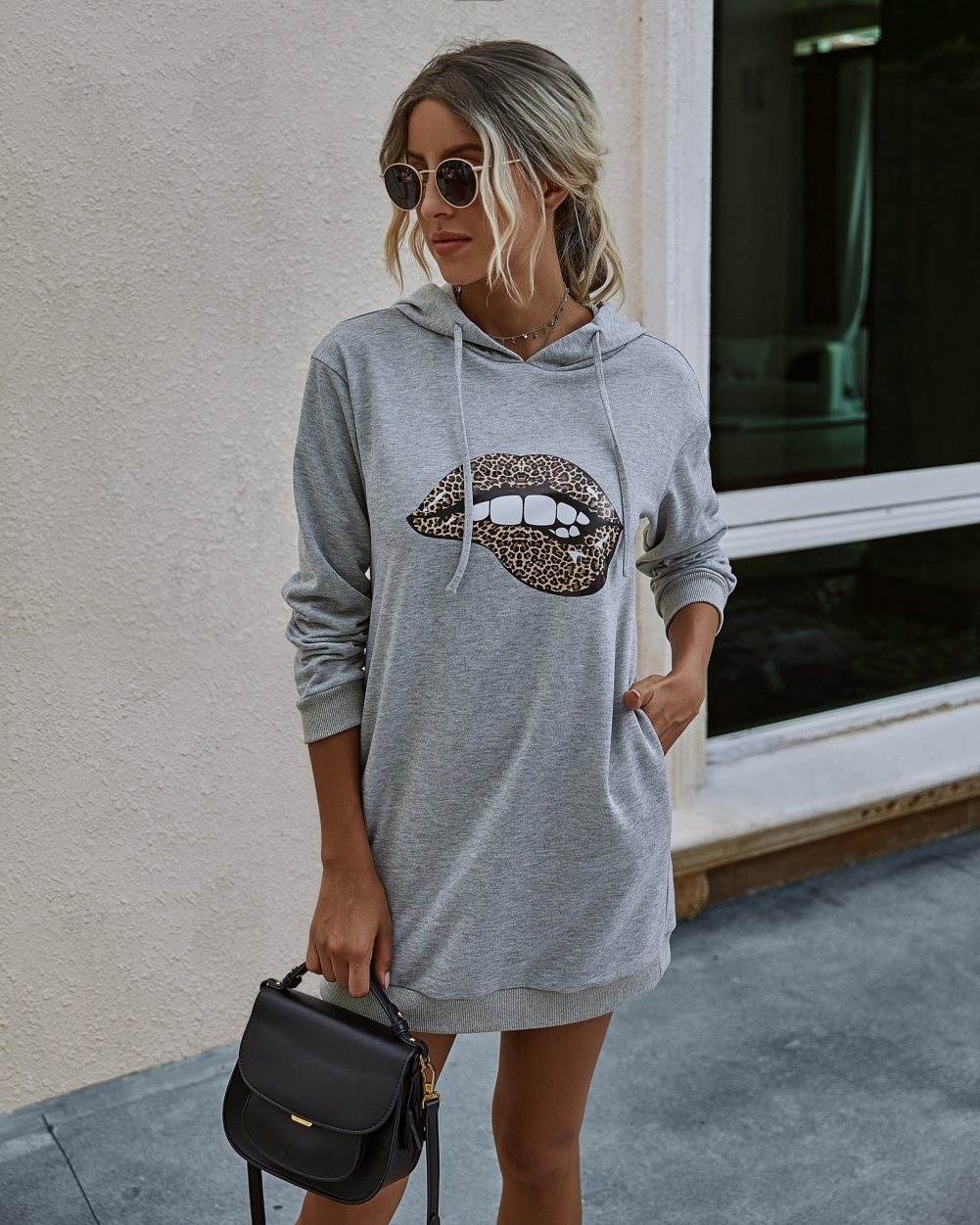 Autumn Lips Print Hoodie Dress