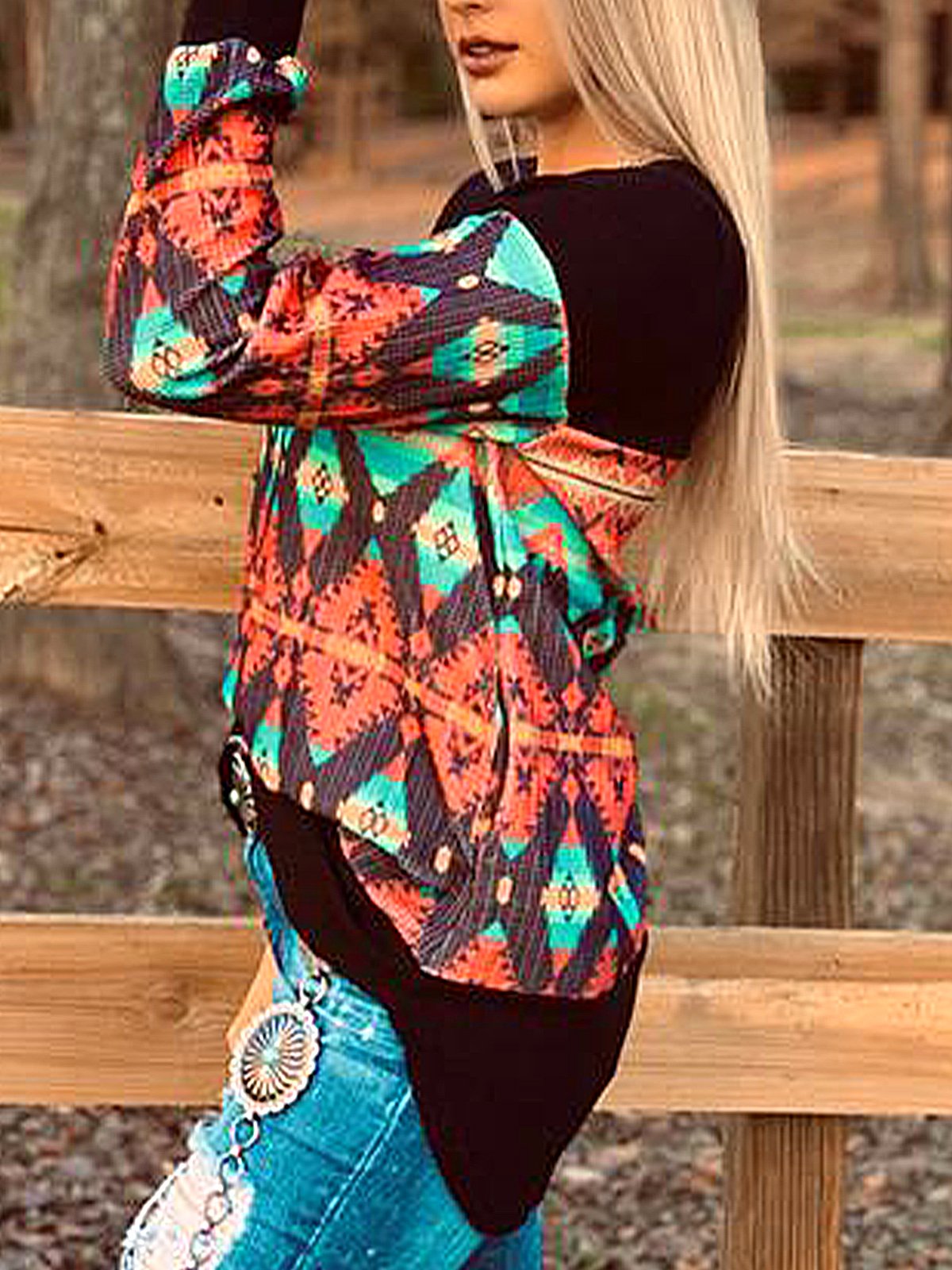 Cotton-Blend Vintage Geometric Long Sleeve Shirts & Tops