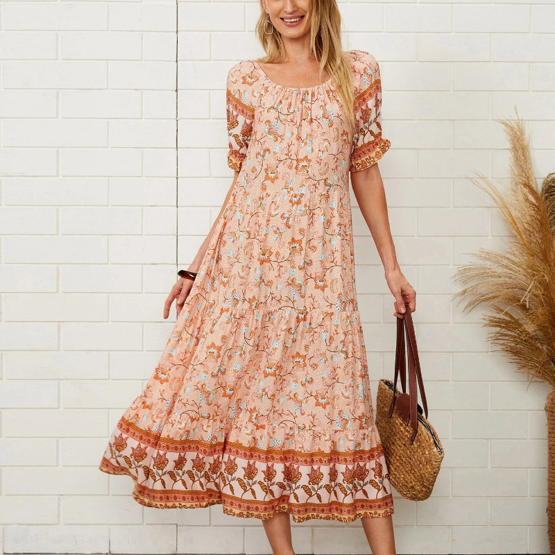 Summer Bohemian Floral Printed Midi Dress Women Butterfly Short Sleeve A Line Sundress Ladies Female Casual Loose Dress