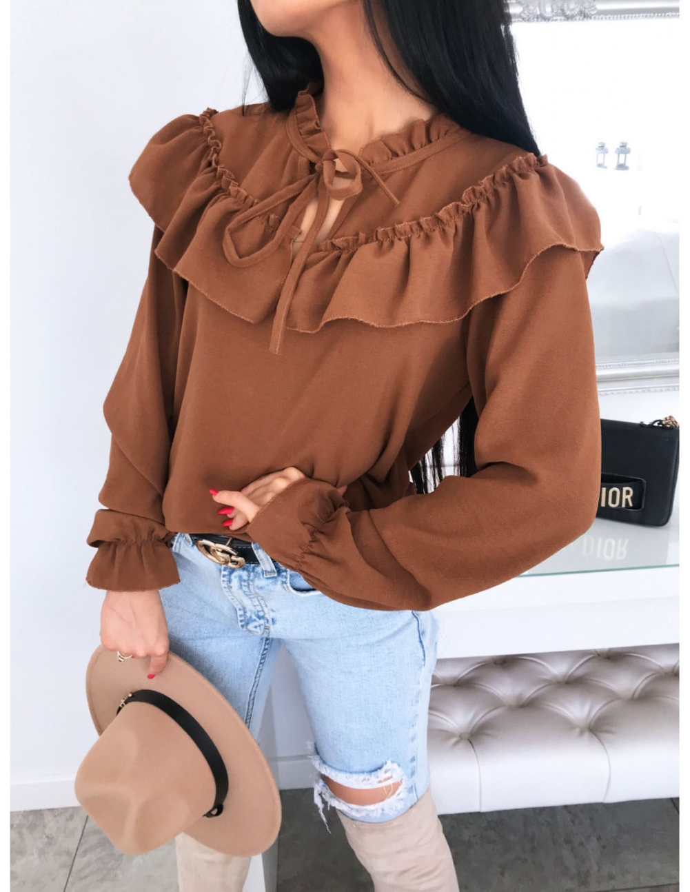 Solid Color Ruffles Vintage Blouse with Sleeves