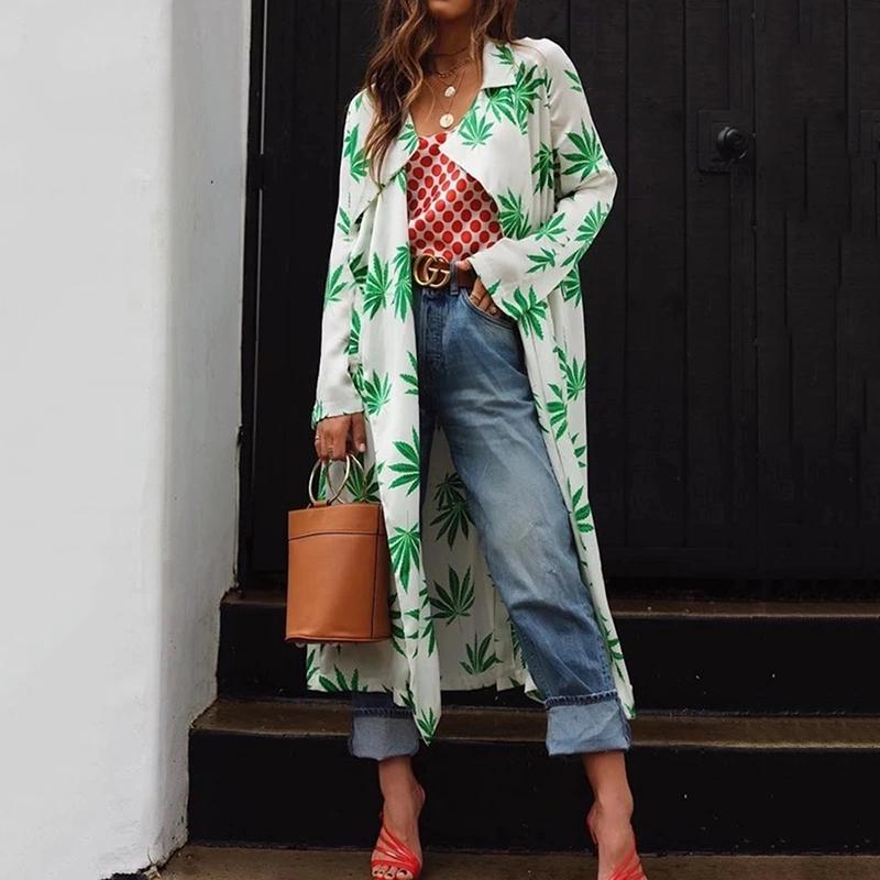 Fashion Fold Collar Collar Print Long Cardigan