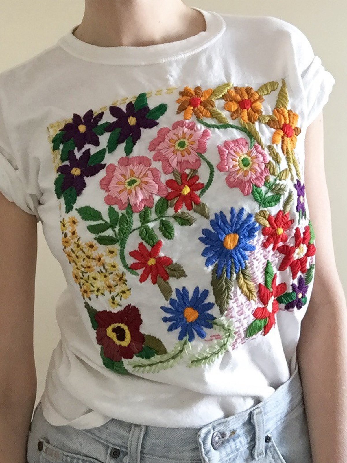 Plus Size Women Short Sleeve U-Neck Vintage Embroidered Casual Tops