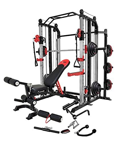 MiM USA Full Gym Set of Functional Trainer Smith Machine Power Cage & Adjustable Weight Bench W/Preacher Curl- Black & Silver