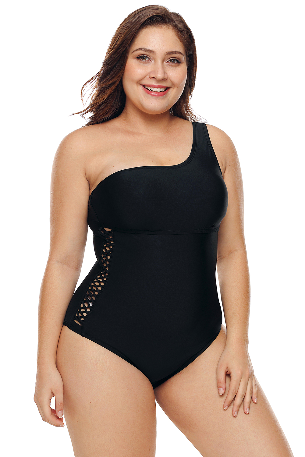 One Shoulder Grid Cutout Side Plus Size Maillot Swimwear
