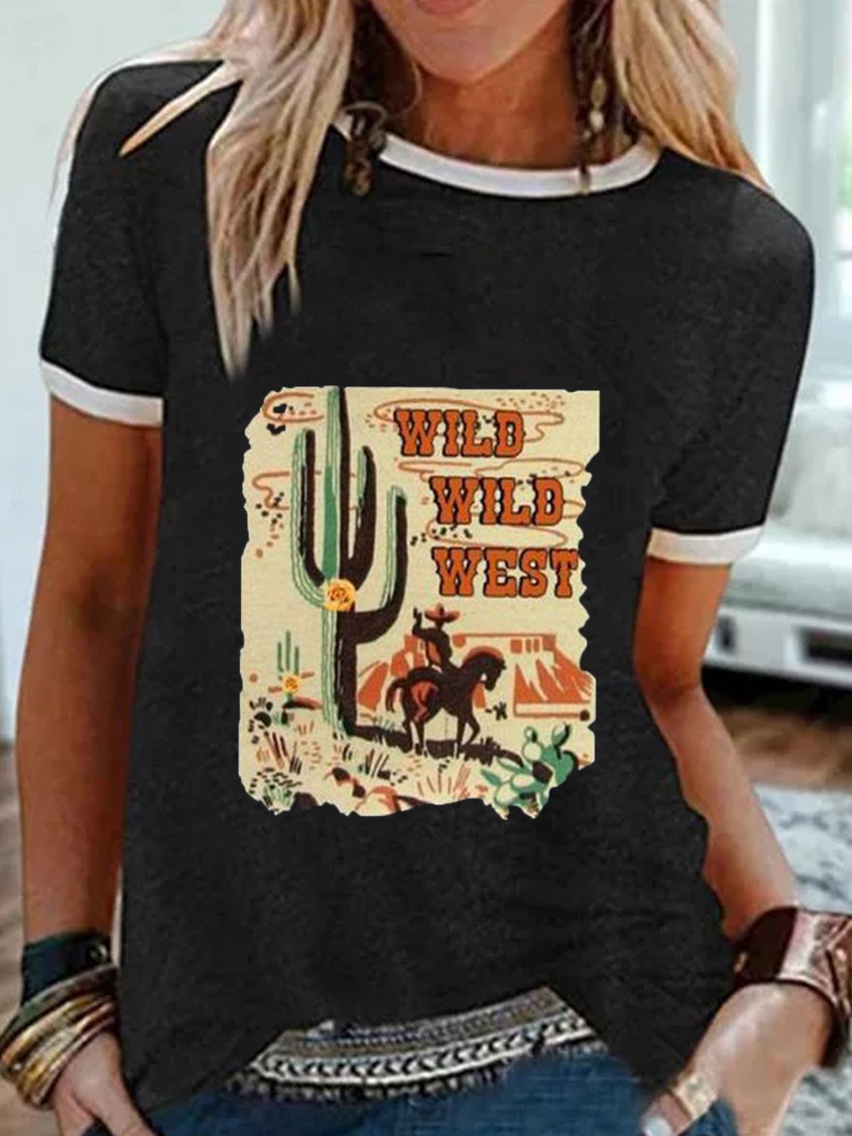 Green Round Neck Holiday Patchwork Cotton-Blend Shirts & Tops