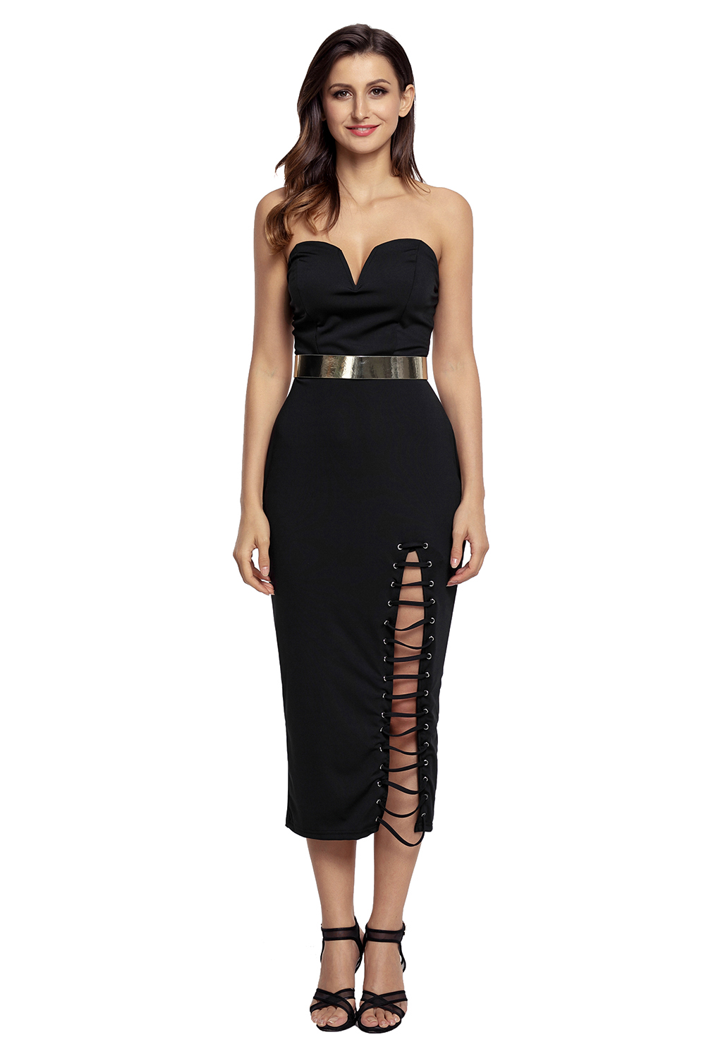 Black Sexy Strapless V-neck Side Slits Tube Midi Dress