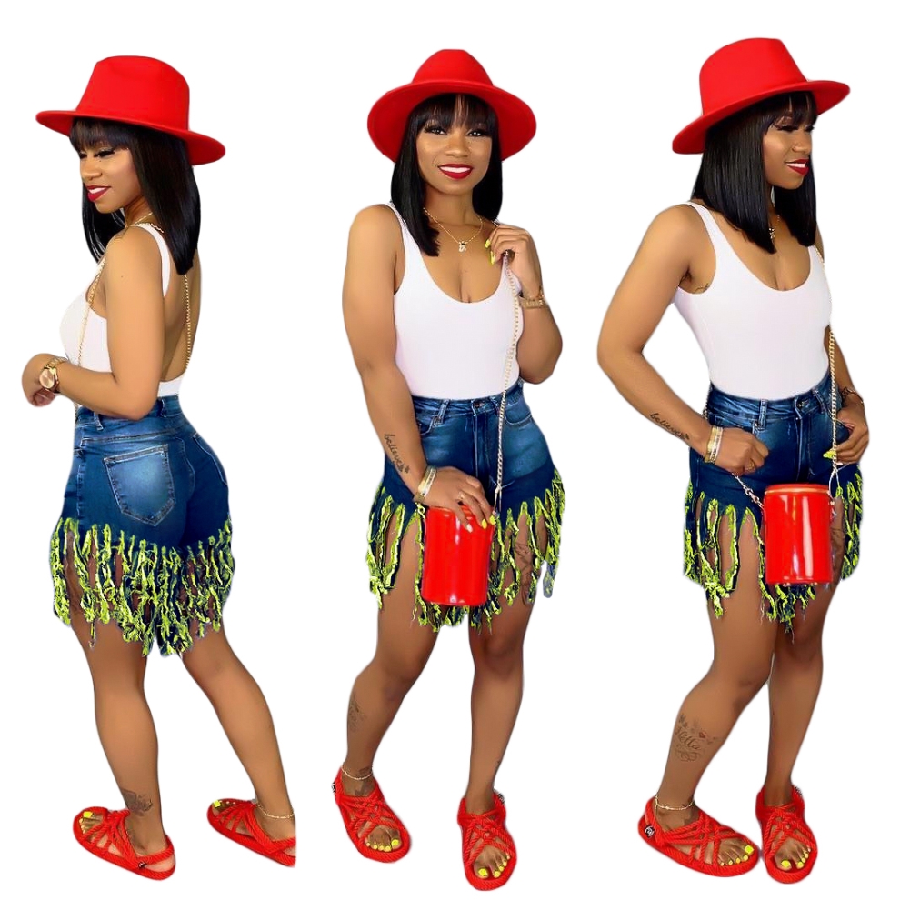 Stylish High Waist Tassels Denim Shorts