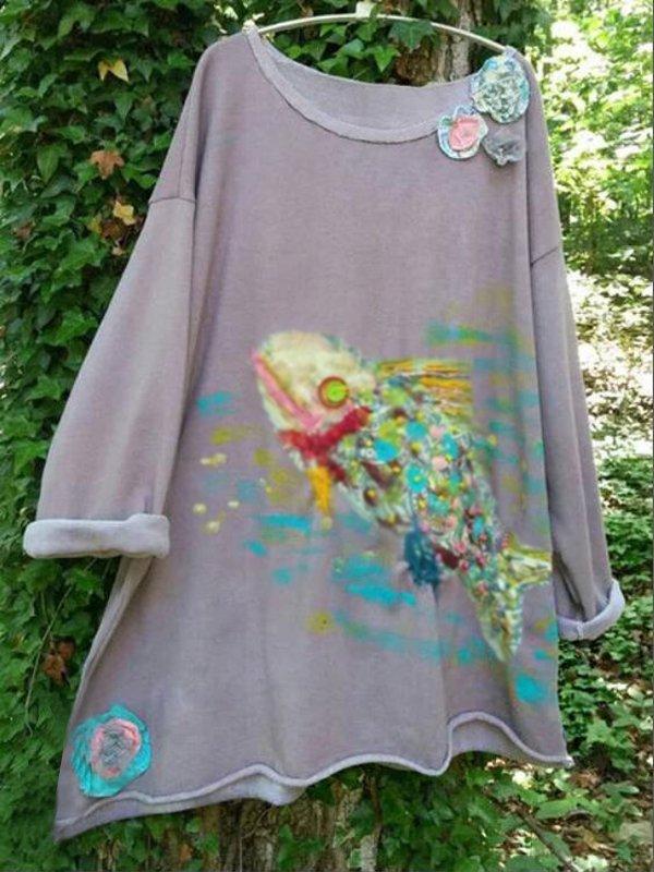 Gray Crew Neck Casual Cotton-Blend Shirts & Tops