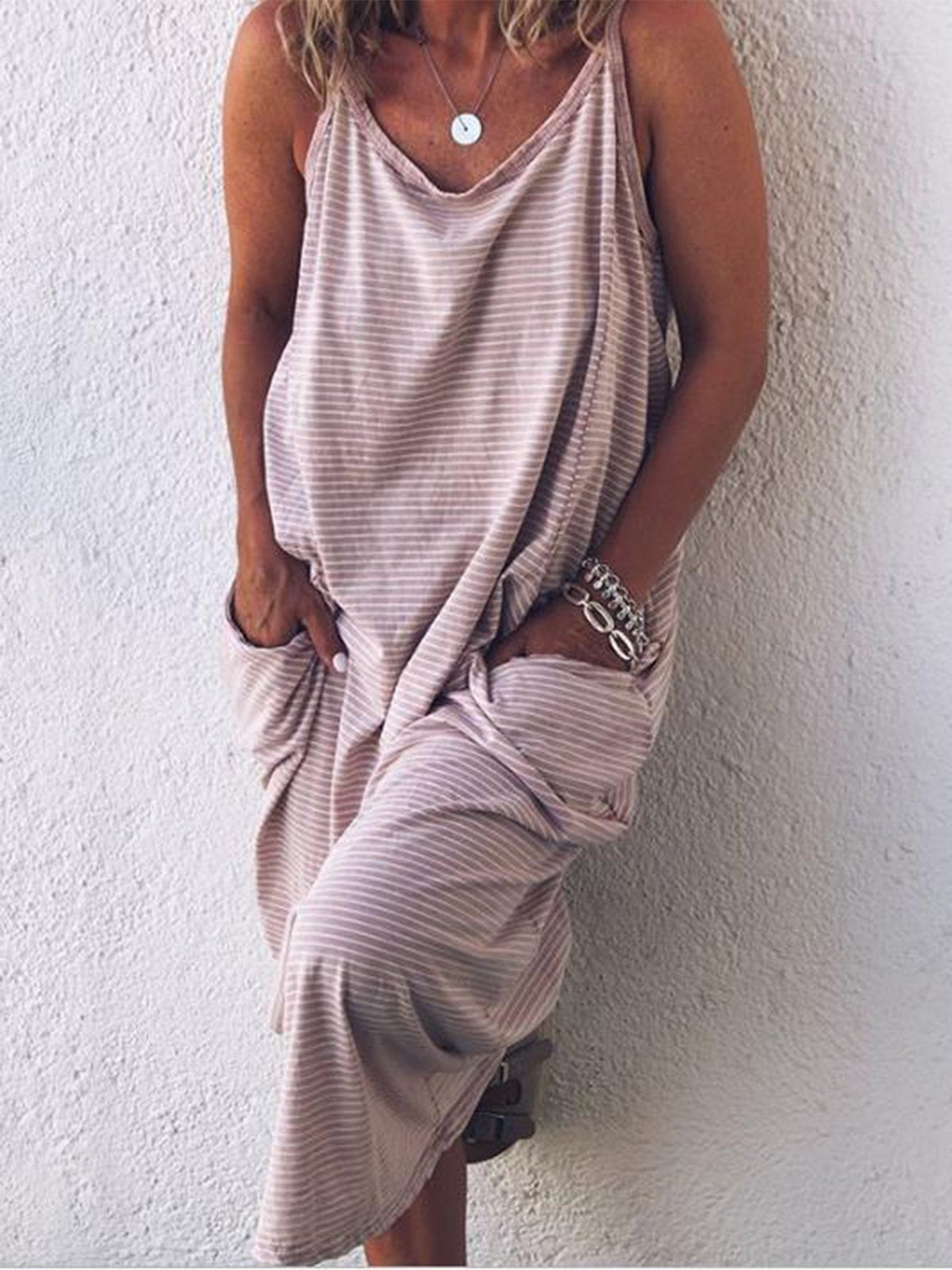 Round Neck Sleeveless Striped Pockets Maxi Dresses