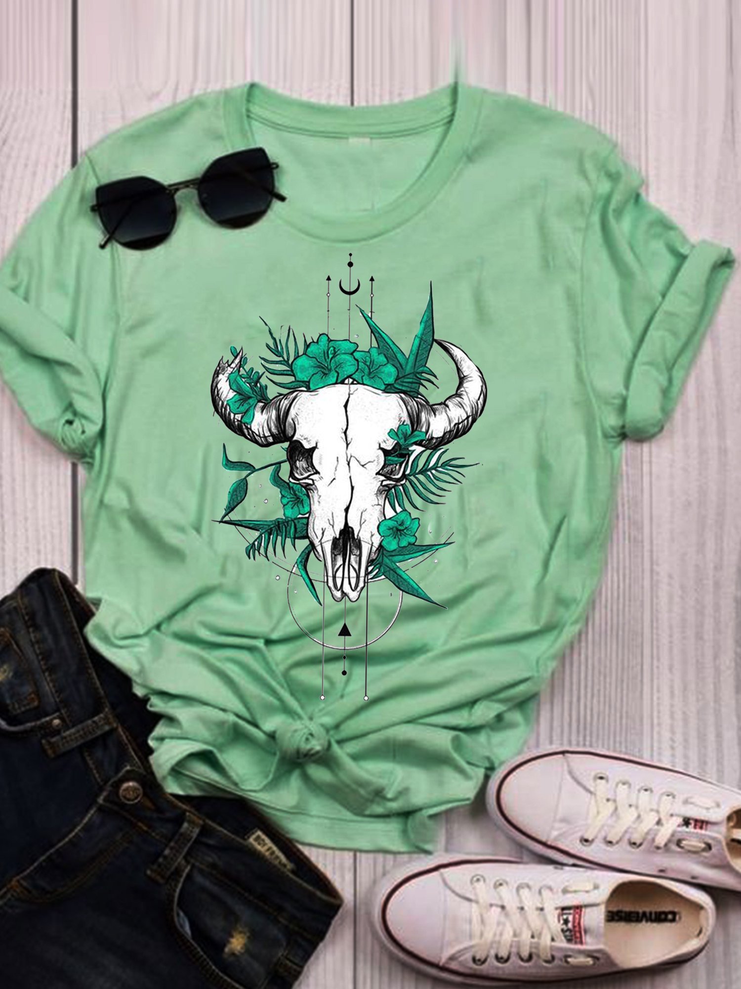 Green Cotton Vintage Floral Printed Shirts & Tops