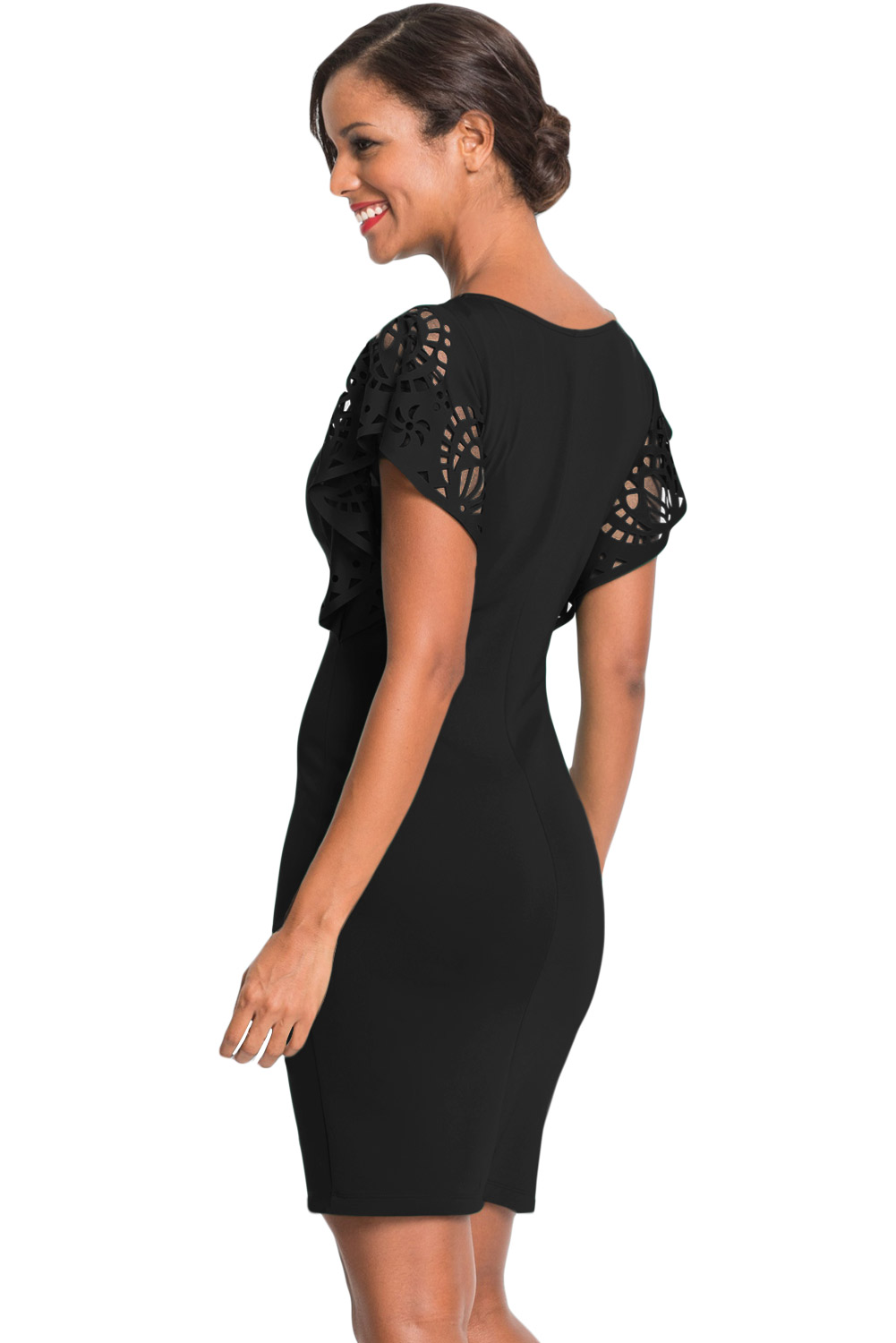 Black O-Neck Hollow Out Cloak Sleeve Bodycon Mini Dress