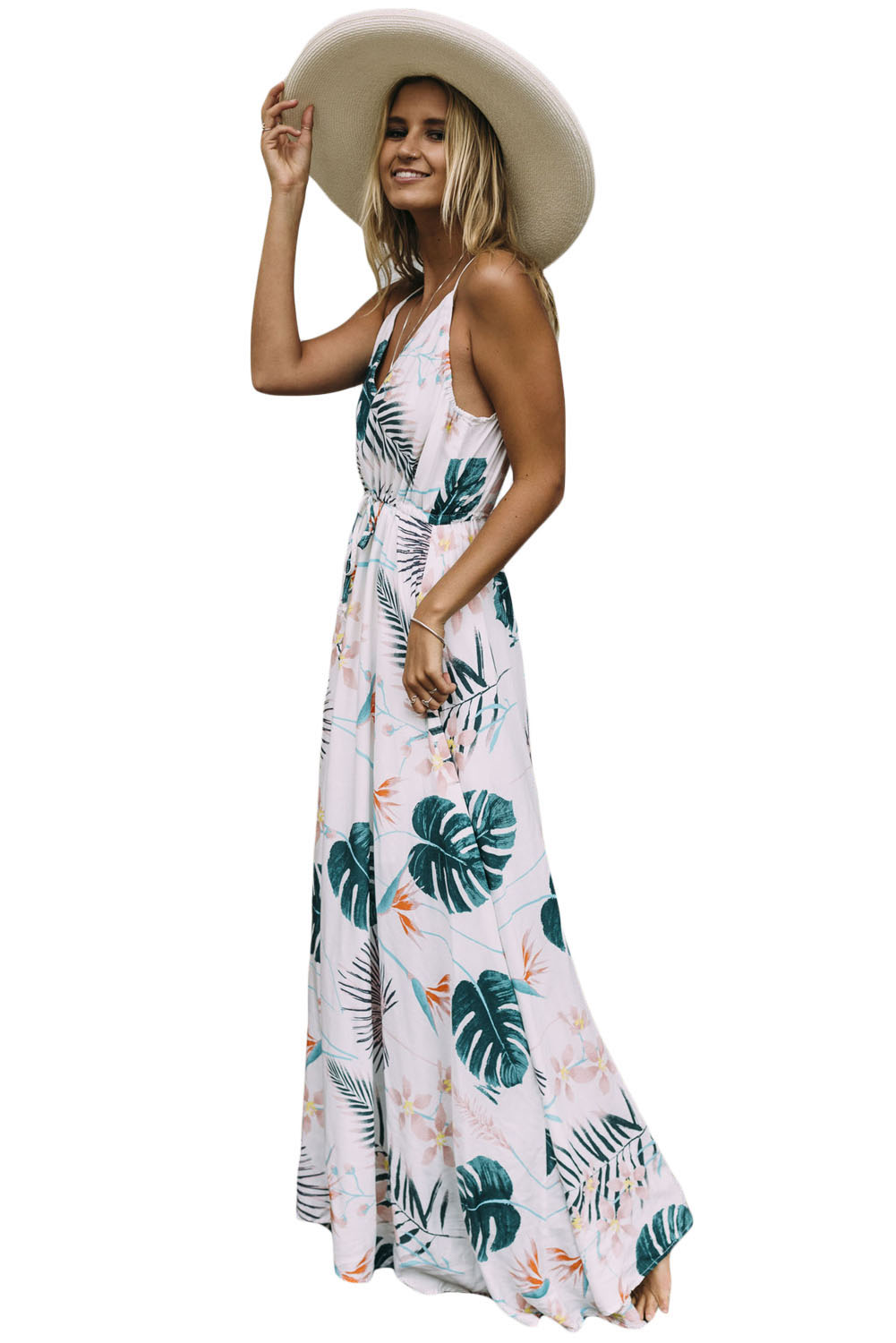 Foiled Flower Print Sexy V Neck Maxi Dress