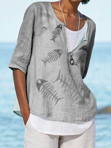 Linen Plain Crew Neck Casual Shirts & Tops