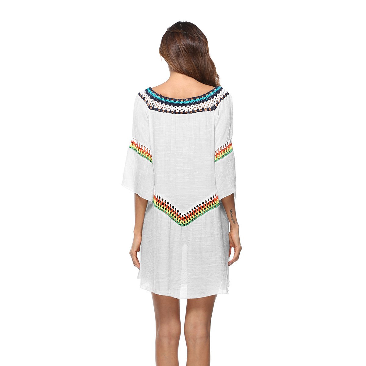 Loose Casual Beach Hollow Out White O Neck Boho Mini Dresses