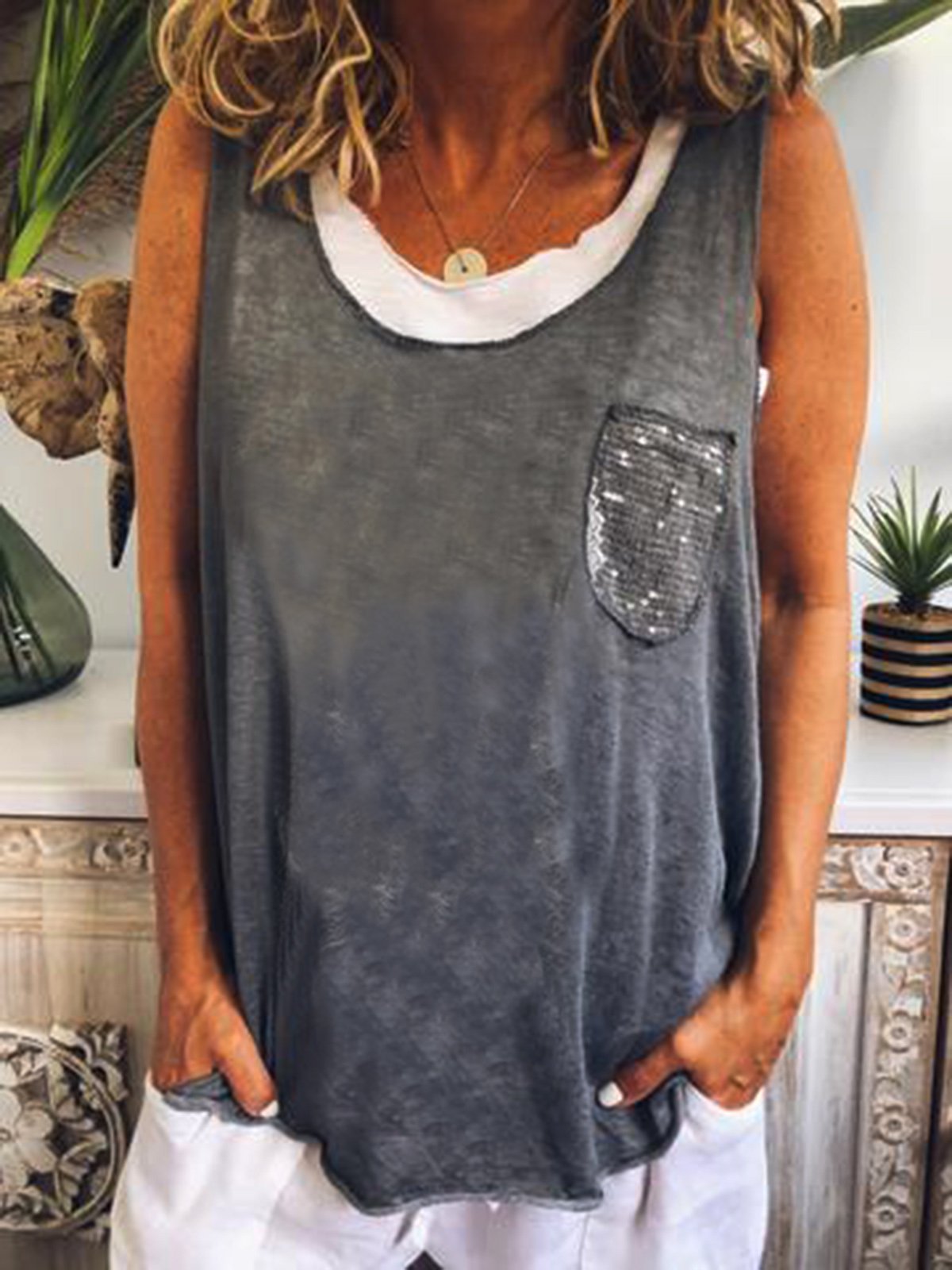 Sleeveless Plain Casual Cotton-Blend Shirts & Tops