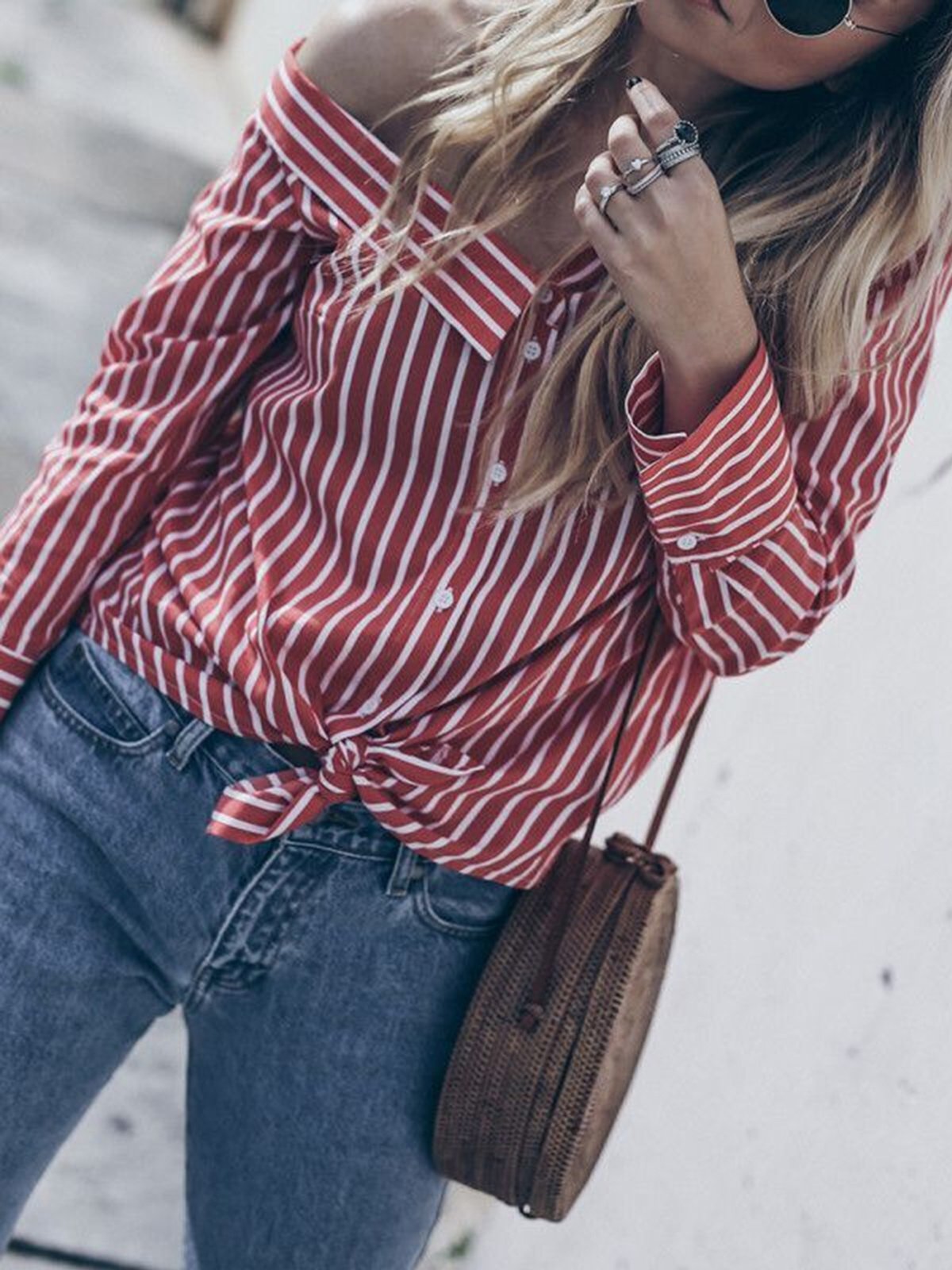 Casual Cold Shoulder Asymmetric Neck Striped Shirt