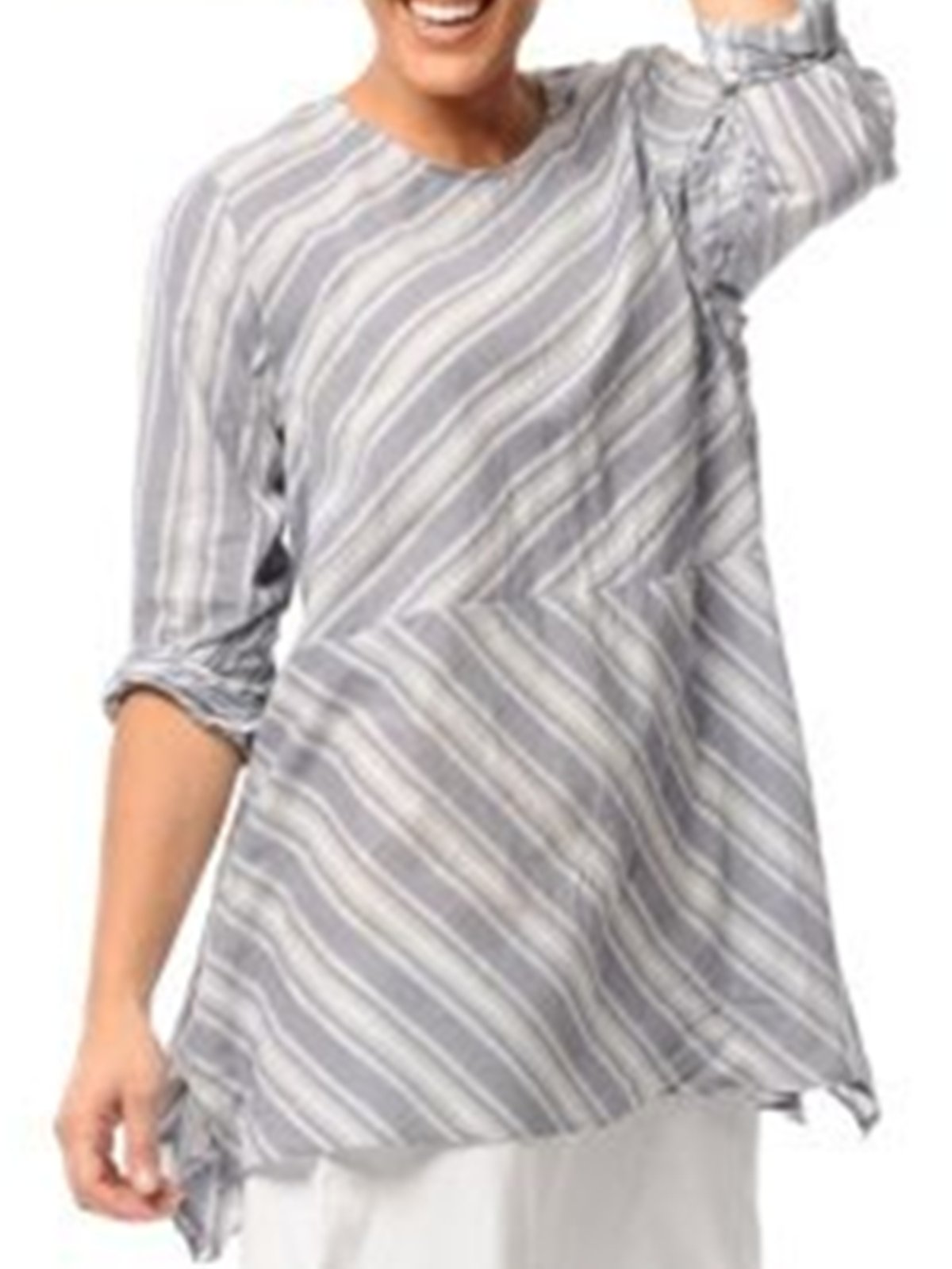 Grey-White1 Crew Neck Shift Casual Shirts & Tops