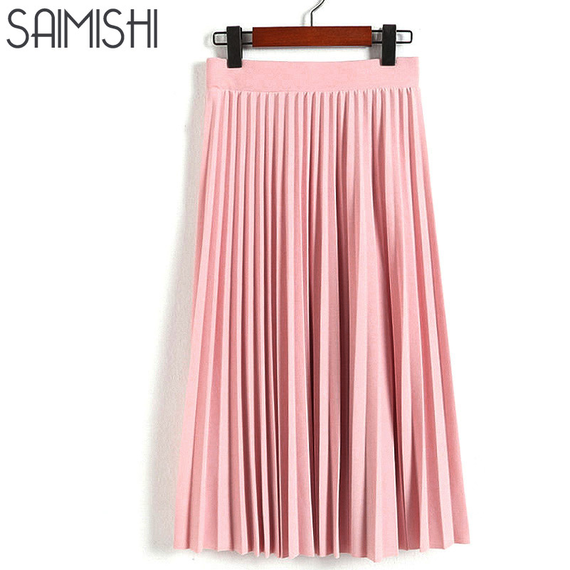 Saimishi Spring Autumn Fashion Women's High Waist Pleated Solid Color Half Length Elastic Skirt Promotions Lady Black Pink Grey
