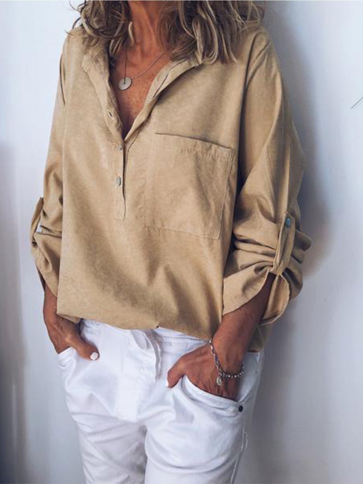 Women V Neck Cotton Linen Loose T Shirt Tops Tunic