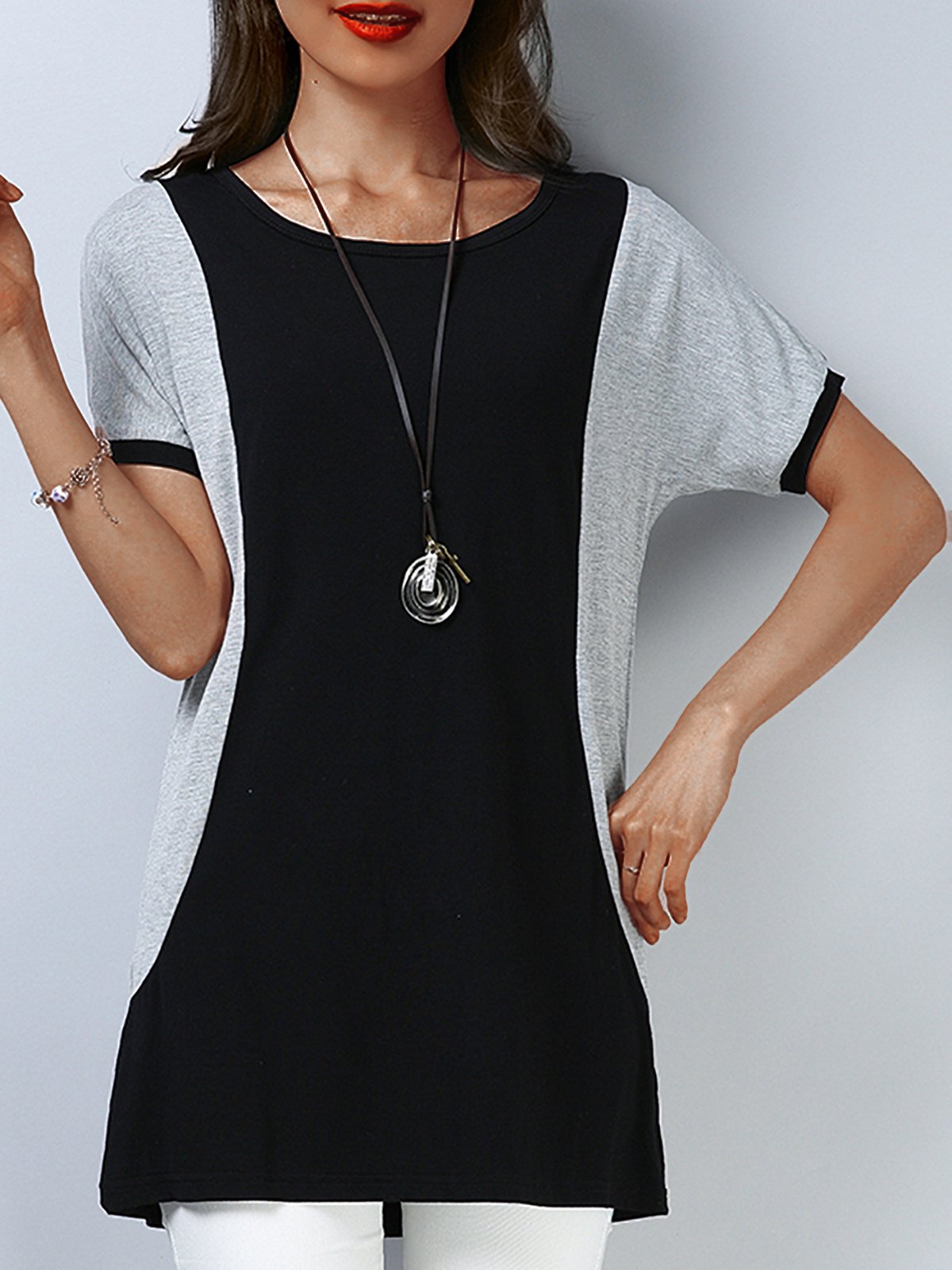 Plus Size Women Short  Sleeve  Round Neck  Black Stitching Gray  Casual  Tops