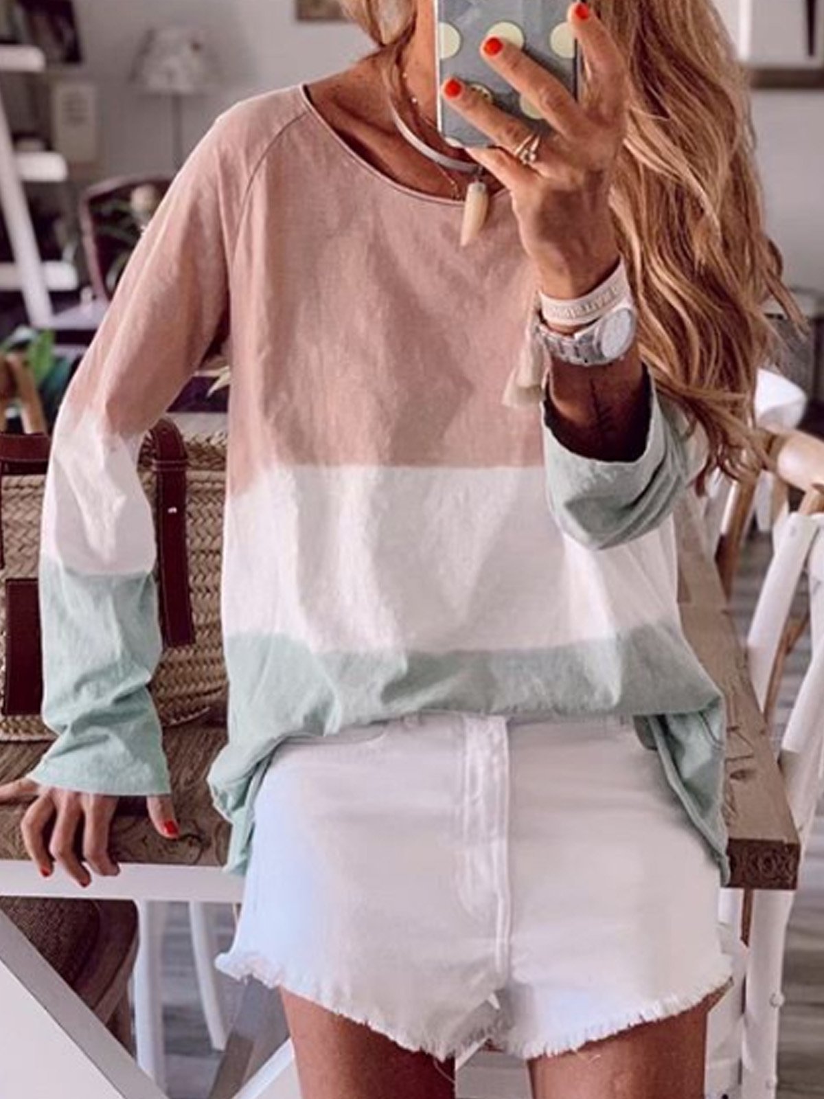 Pink Cotton-Blend Round Neck Long Sleeve Shirts & Tops