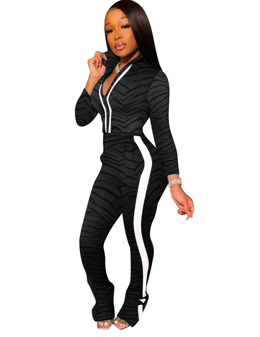 Autumn Zebra Print Zipper Crop Top and Pants Set