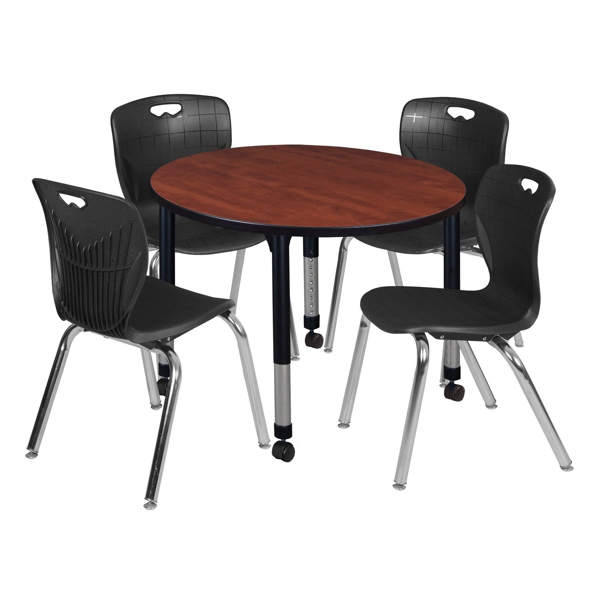 Regency Kee 42x22 Round Height Adjustable Classroom Table - Cherry 4 Andy 18-in Stack Chairs- Black