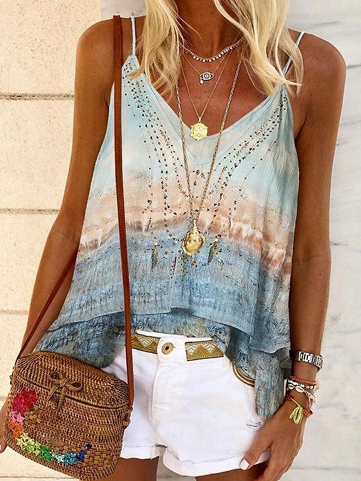 Light Blue Floral-Print V Neck Holiday Shirts & Tops