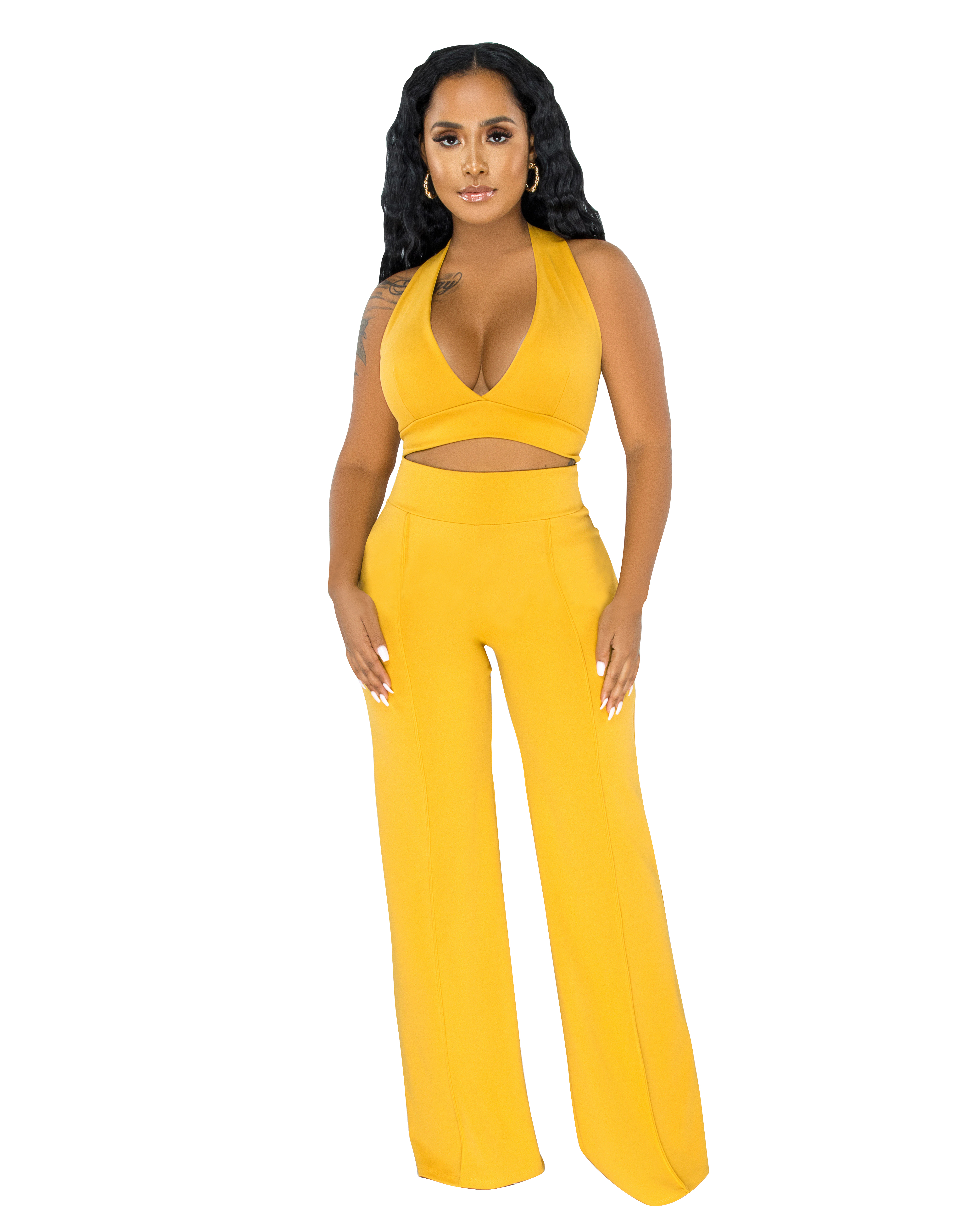 Summer Party Solid Color Halter Crop Top and High Waist Pants Set