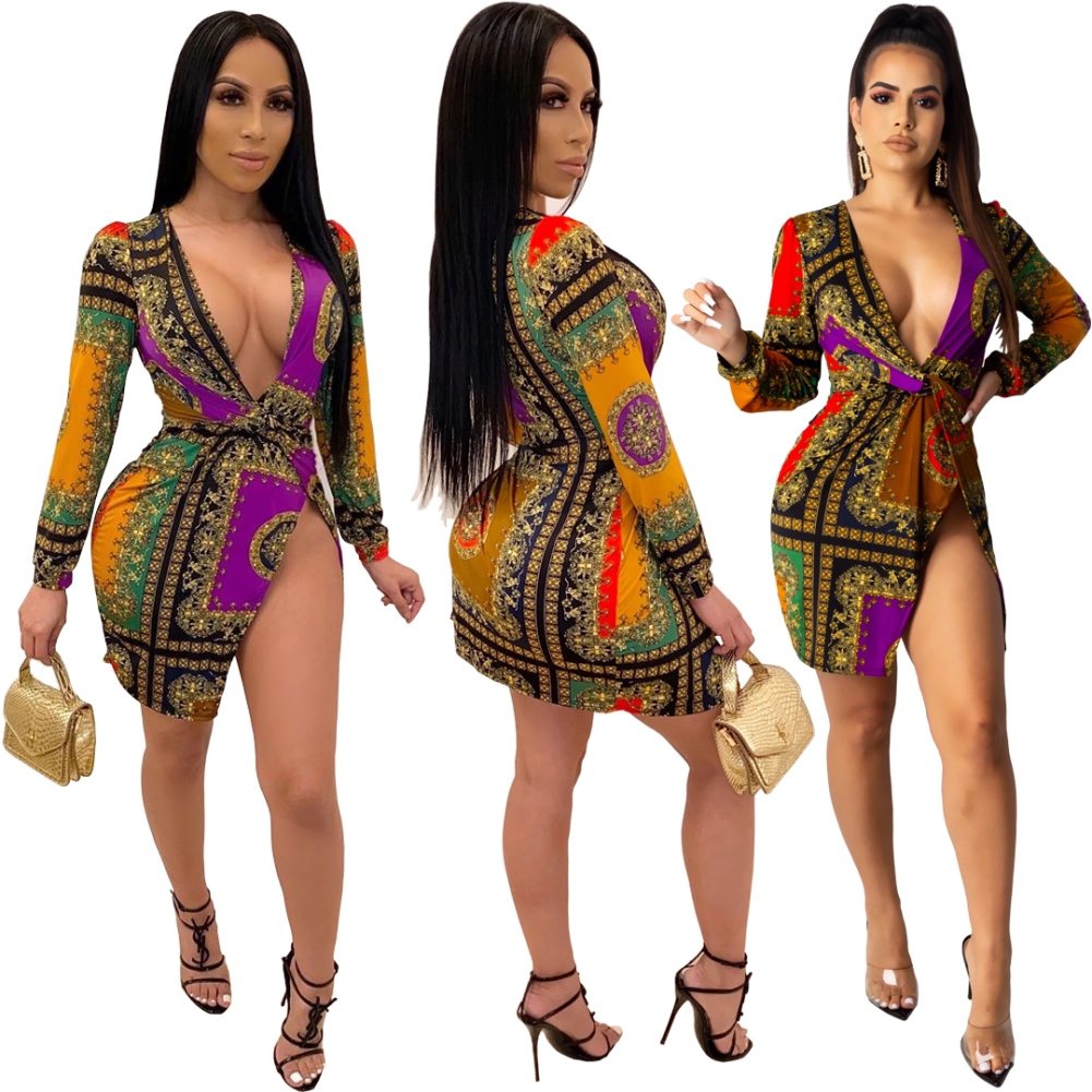 Print Deep-V Sexy Wrapped Party Dress