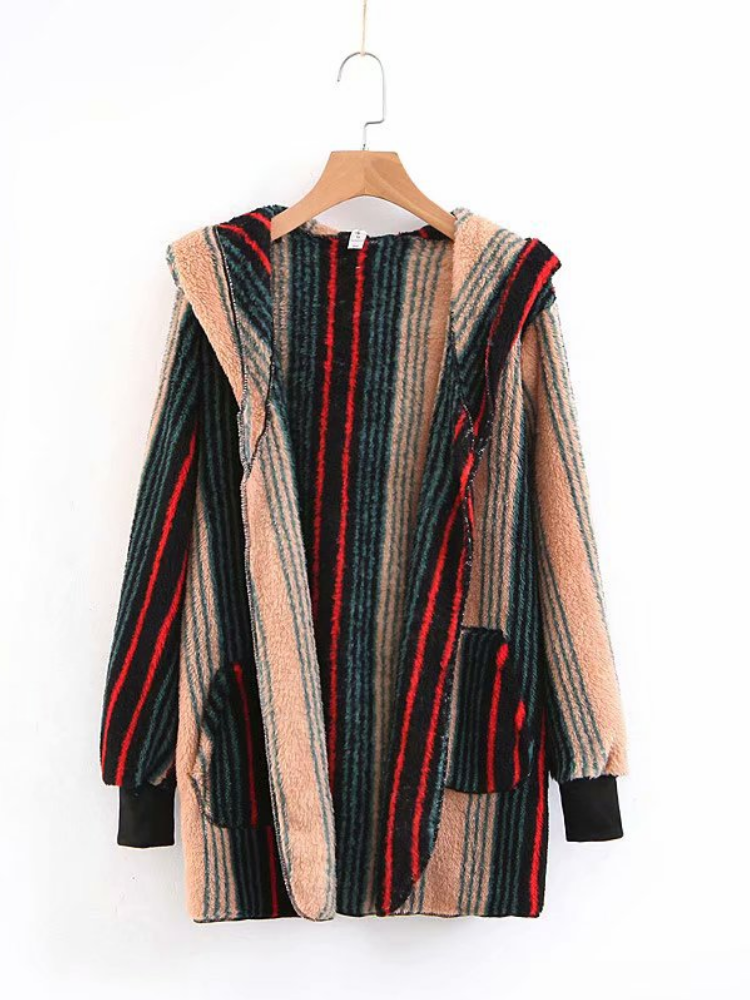 Appliqued Long Sleeve Cotton Casual Striped Plush Hooded Cardigan Coat for Women
