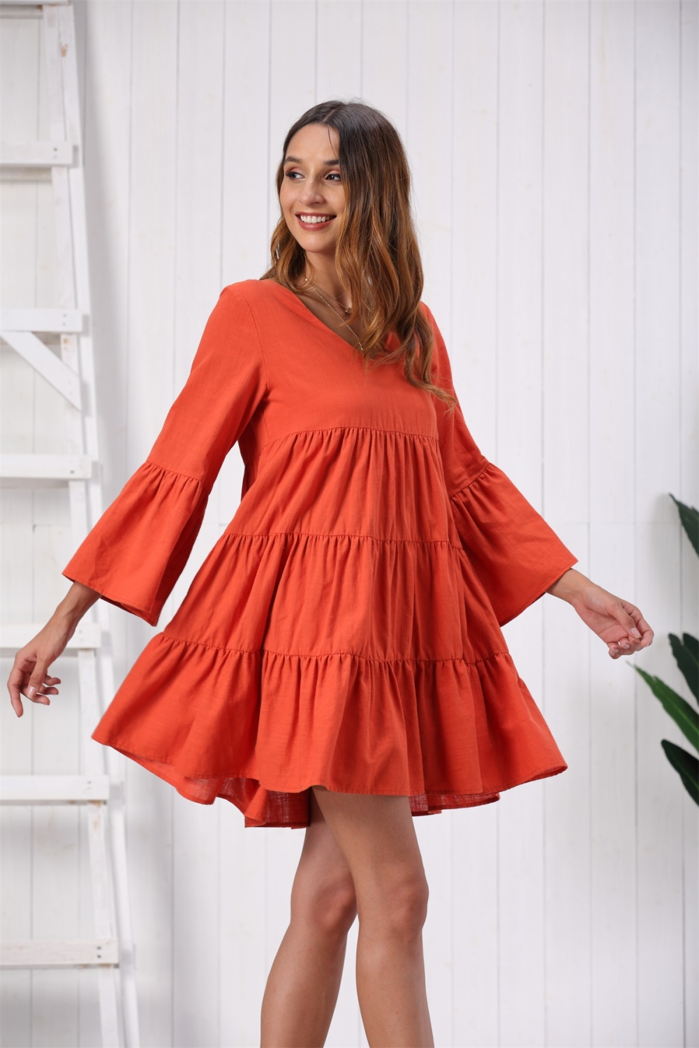 Summer V-Neck A-Line Short Dress with Wide Cuffs