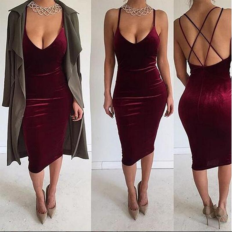 Sexy Deep V Sling Bare Back Velvet Bodycon Dresses