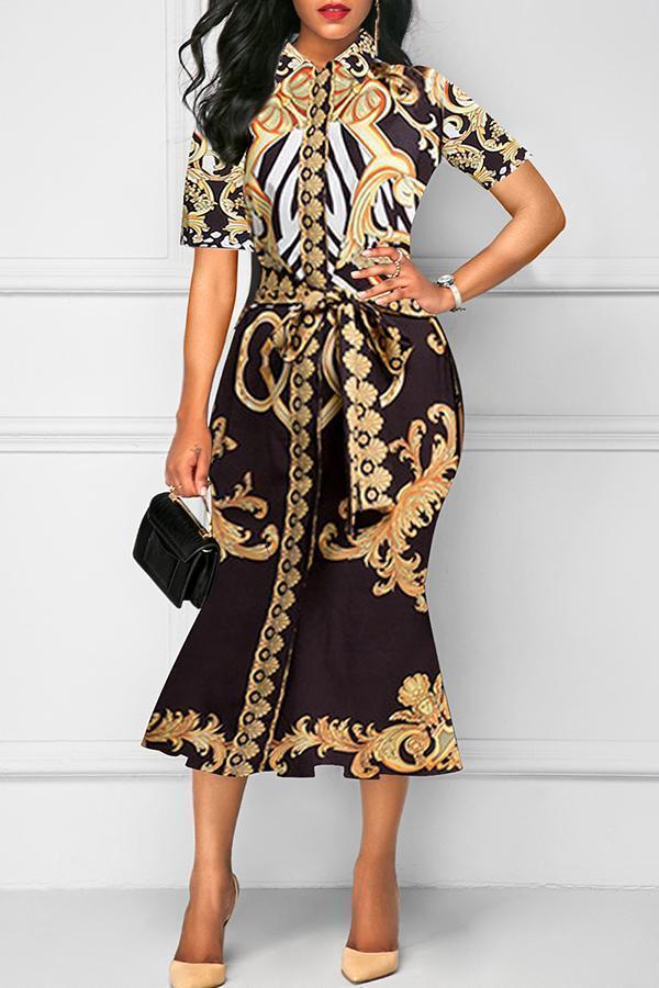 Fold-Over Collar  Abstract Print Bodycon Dress