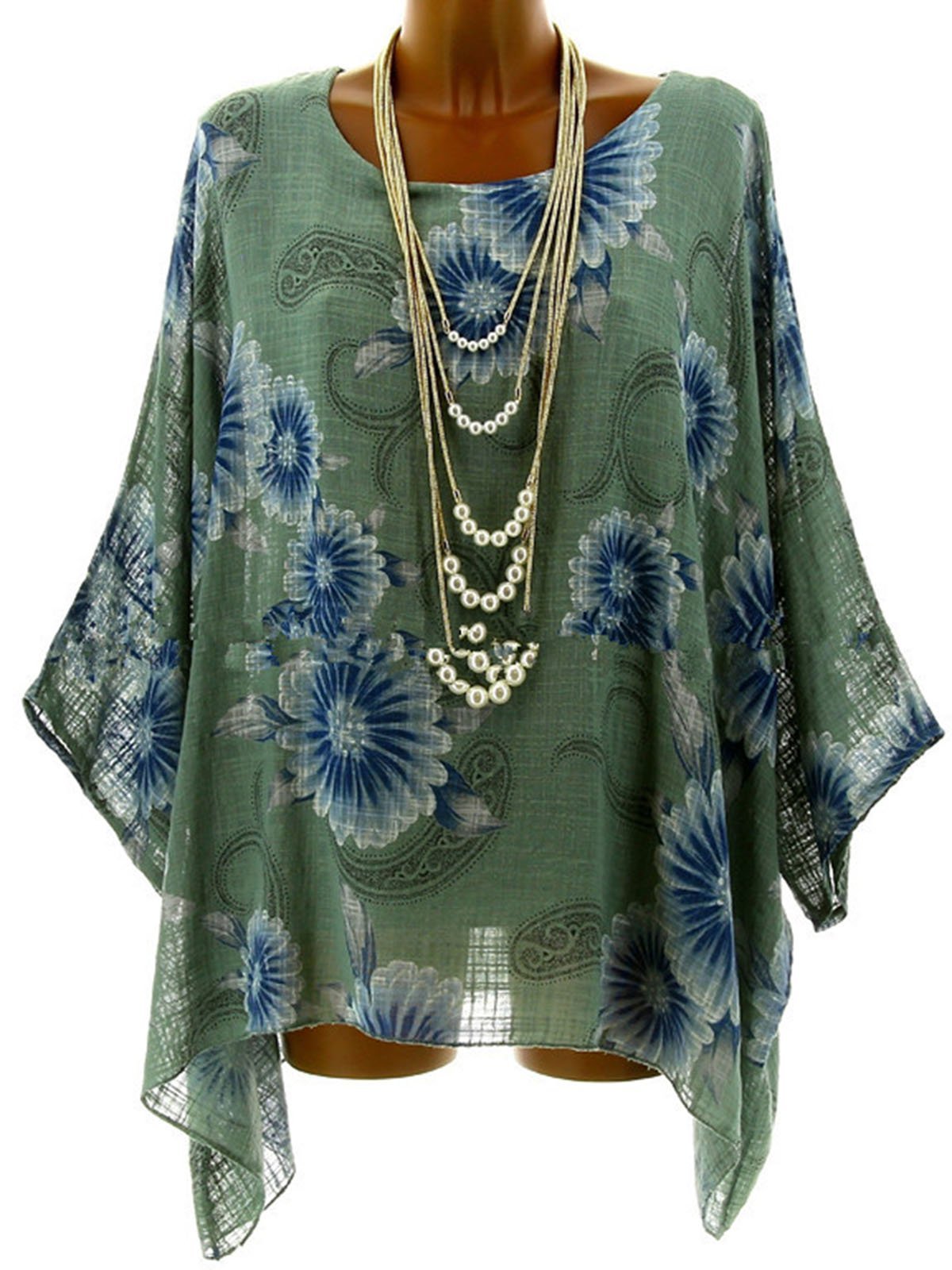 3/4 Sleeve Crew Neck Printed/Dyed Plus Size Floral Blouse
