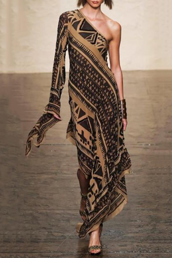 One-Shoulder Fashion Elegant Floral Printed Evening Dress