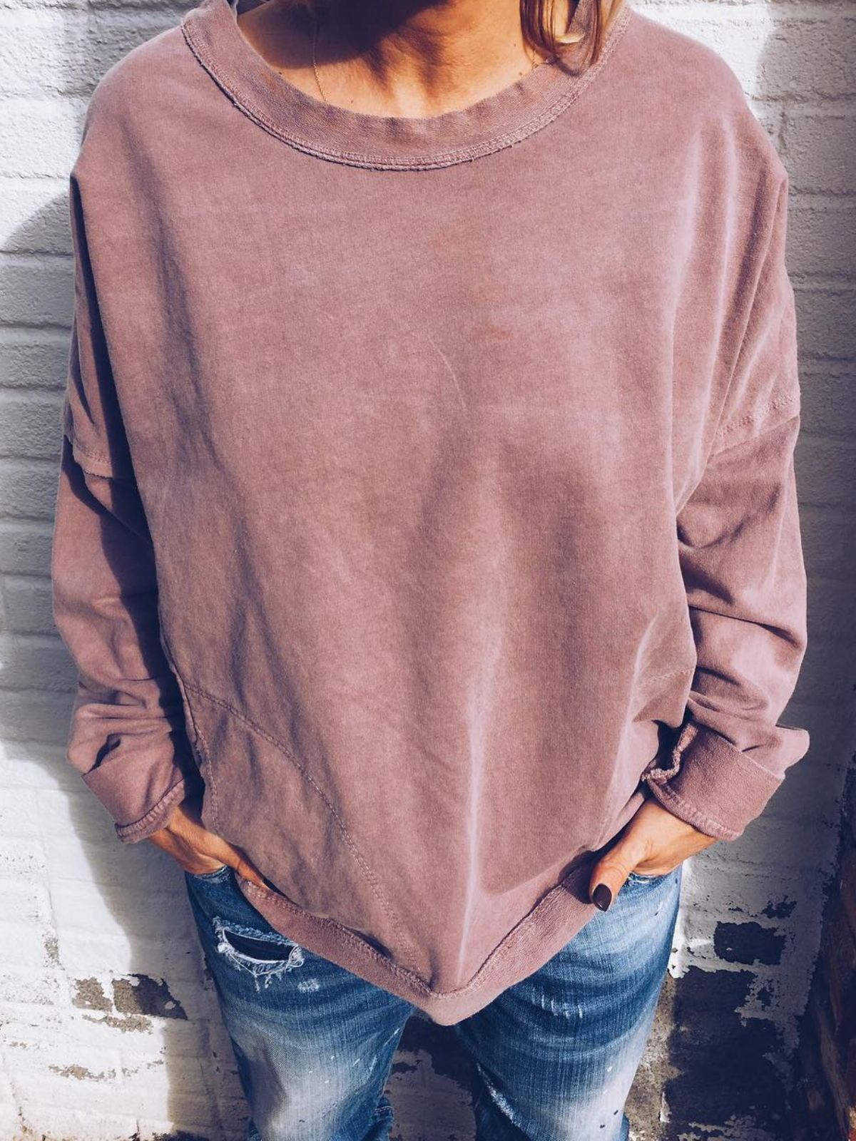 Plus Size Casual Solid  Crew Neck Long Sleeve Tops