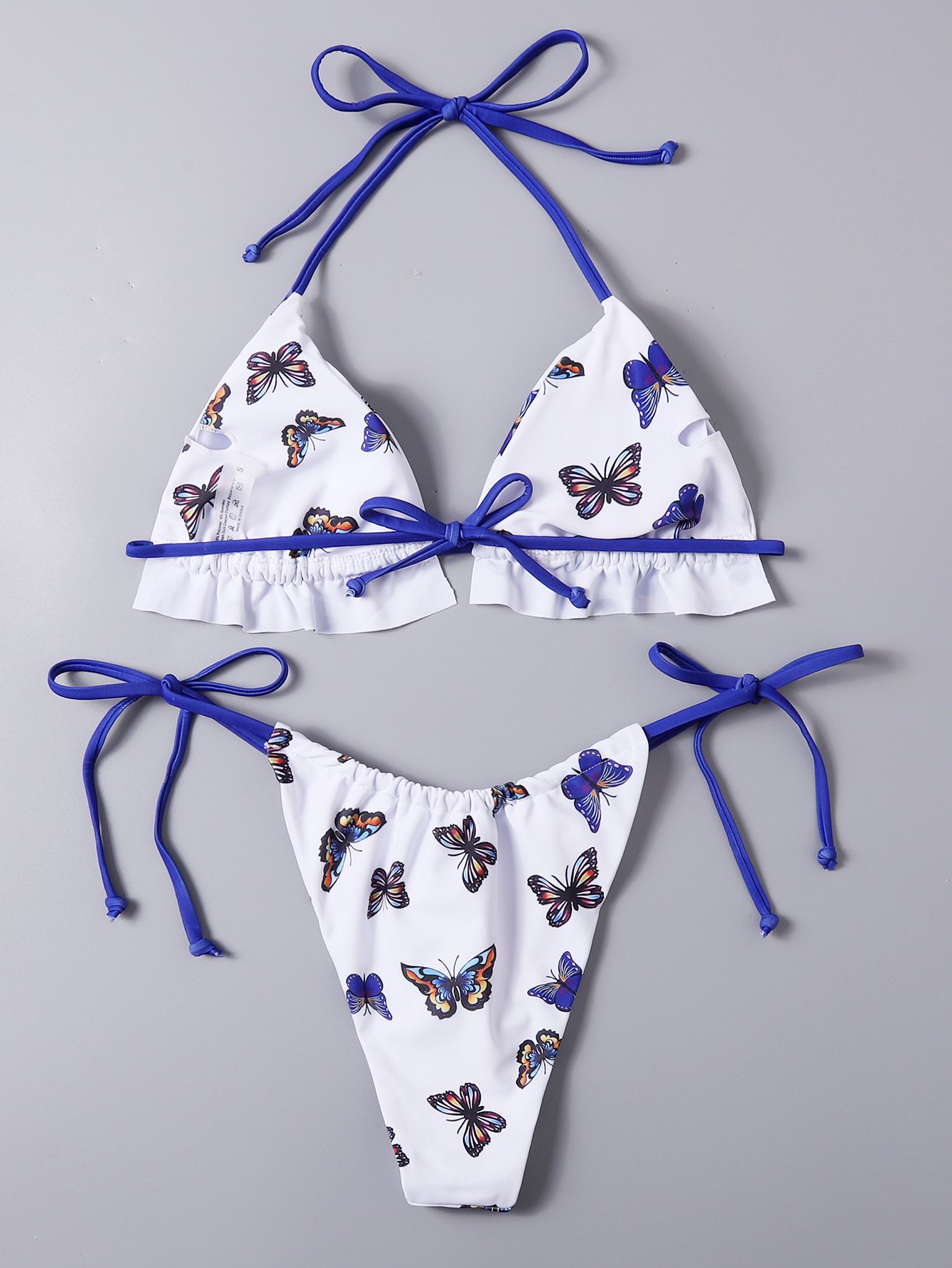 Ruffle Butterfly Graphic Halter Tie Side Bikini