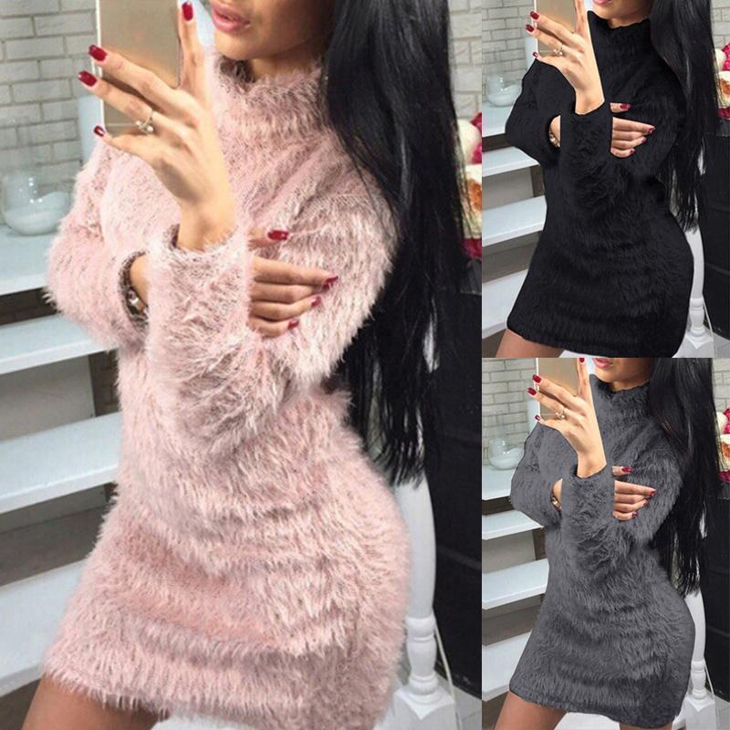 High Neck  Plain  Long Sleeve Bodycon Dresses