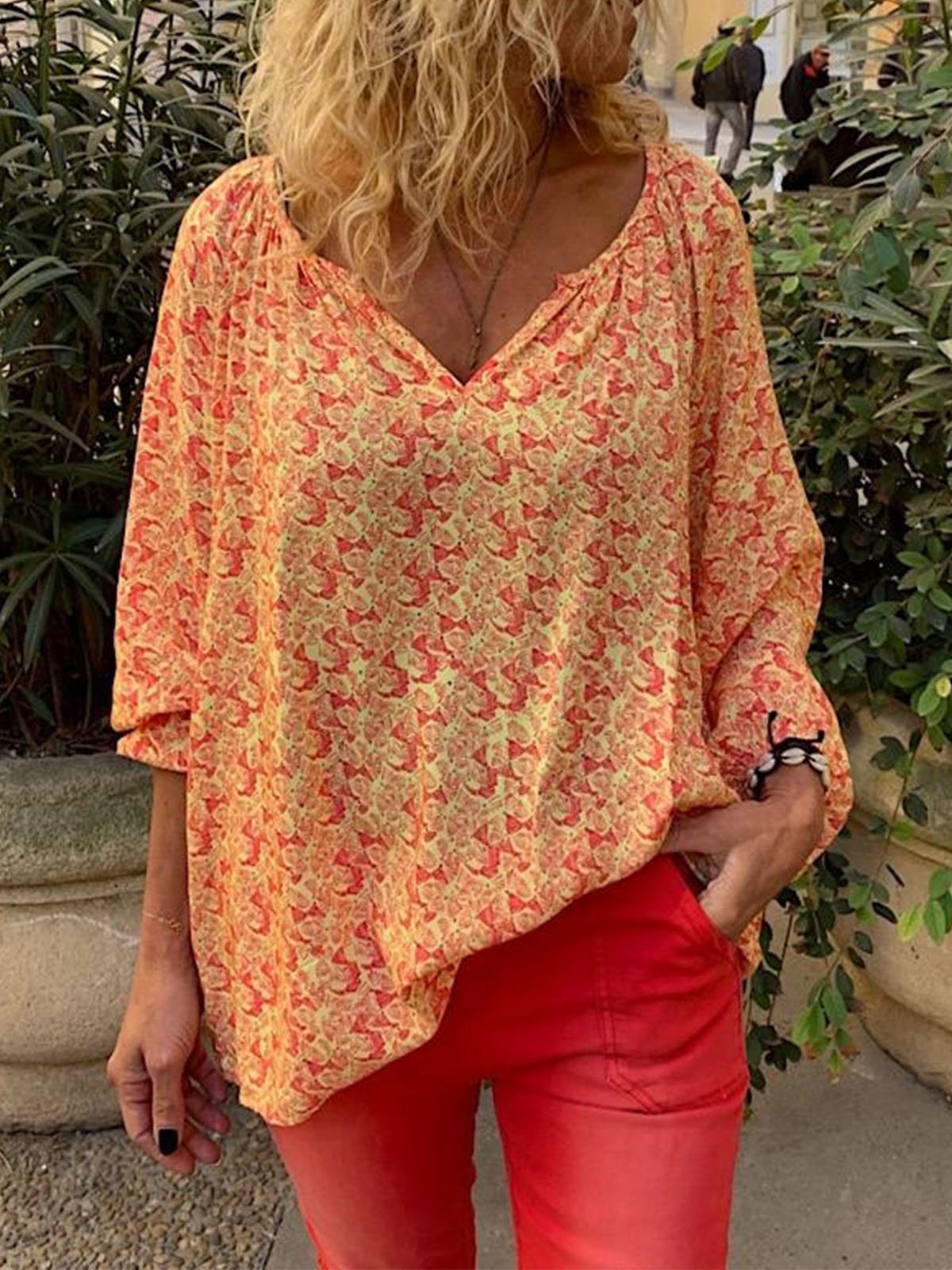 Orange Chiffon Long Sleeve Shirts & Tops